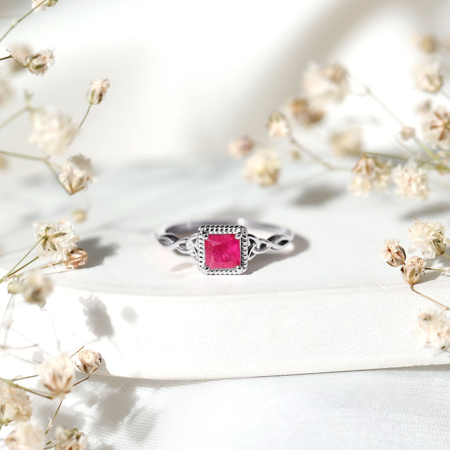 Natural 0.8 Carat Princess Cut Ruby Promise Ring with Celtic Knot
