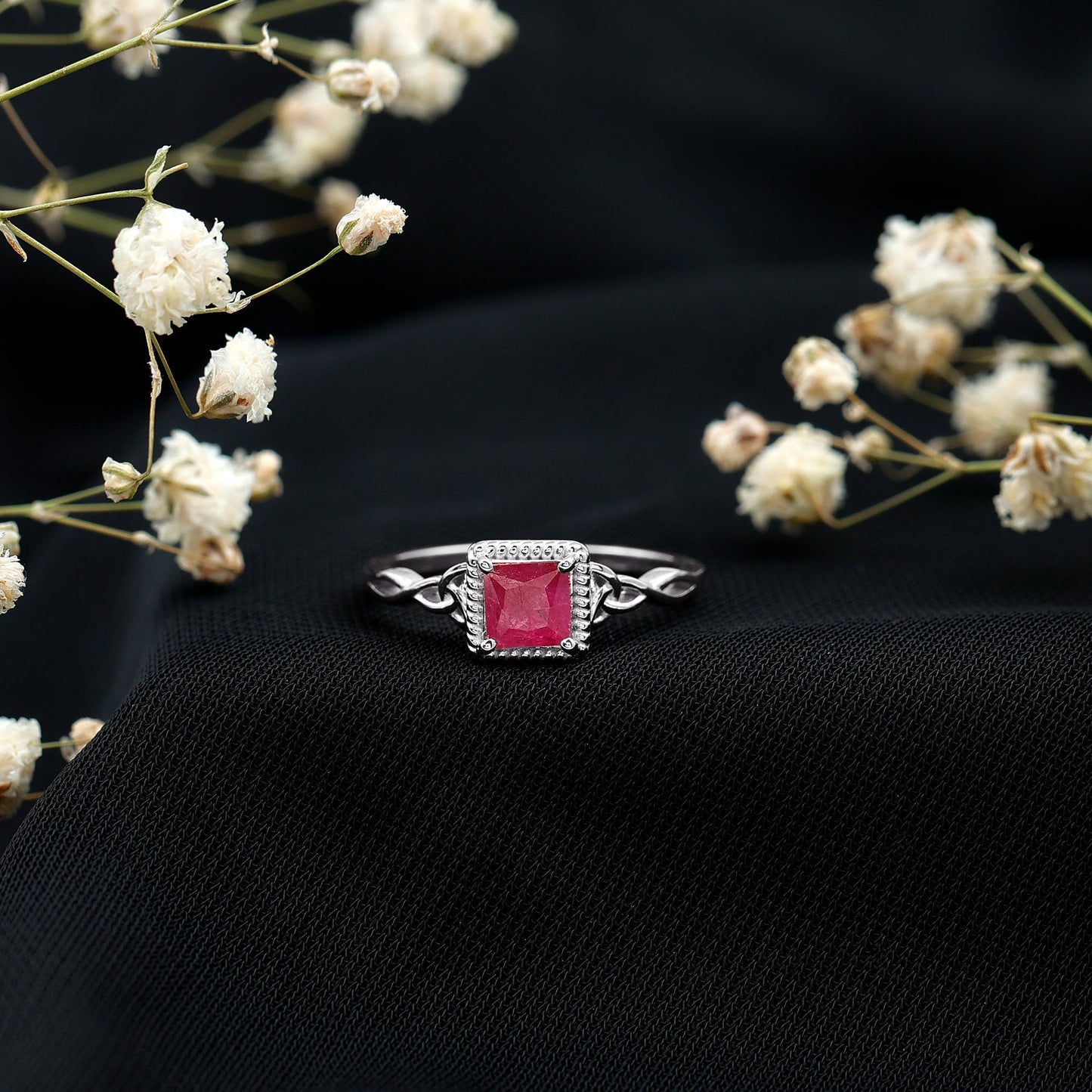 Natural 0.8 Carat Princess Cut Ruby Promise Ring with Celtic Knot
