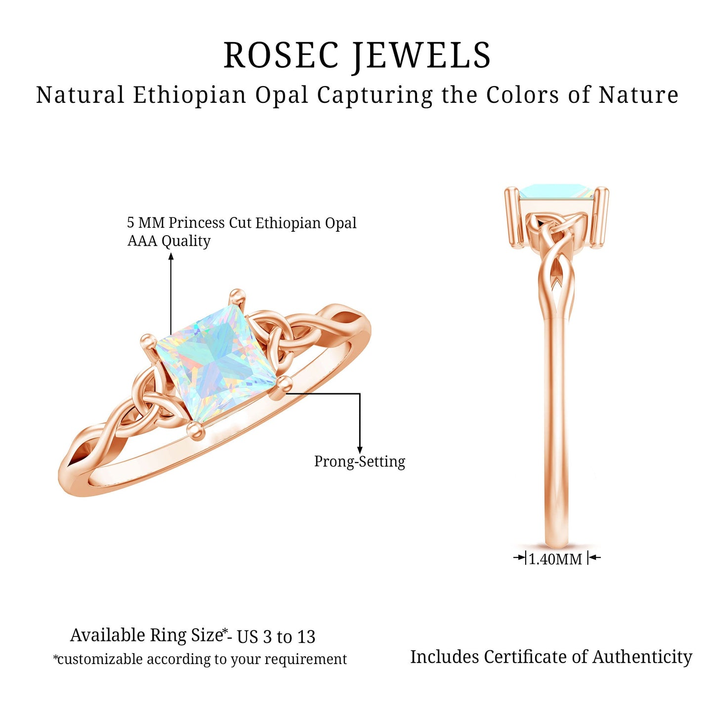 Genuine Princess Cut Ethiopian Opal Promise Ring with Celtic Knot