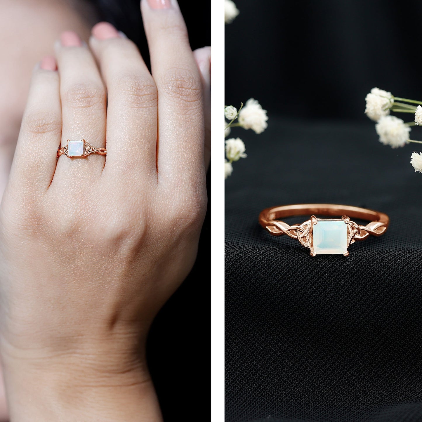 Genuine Princess Cut Ethiopian Opal Promise Ring with Celtic Knot
