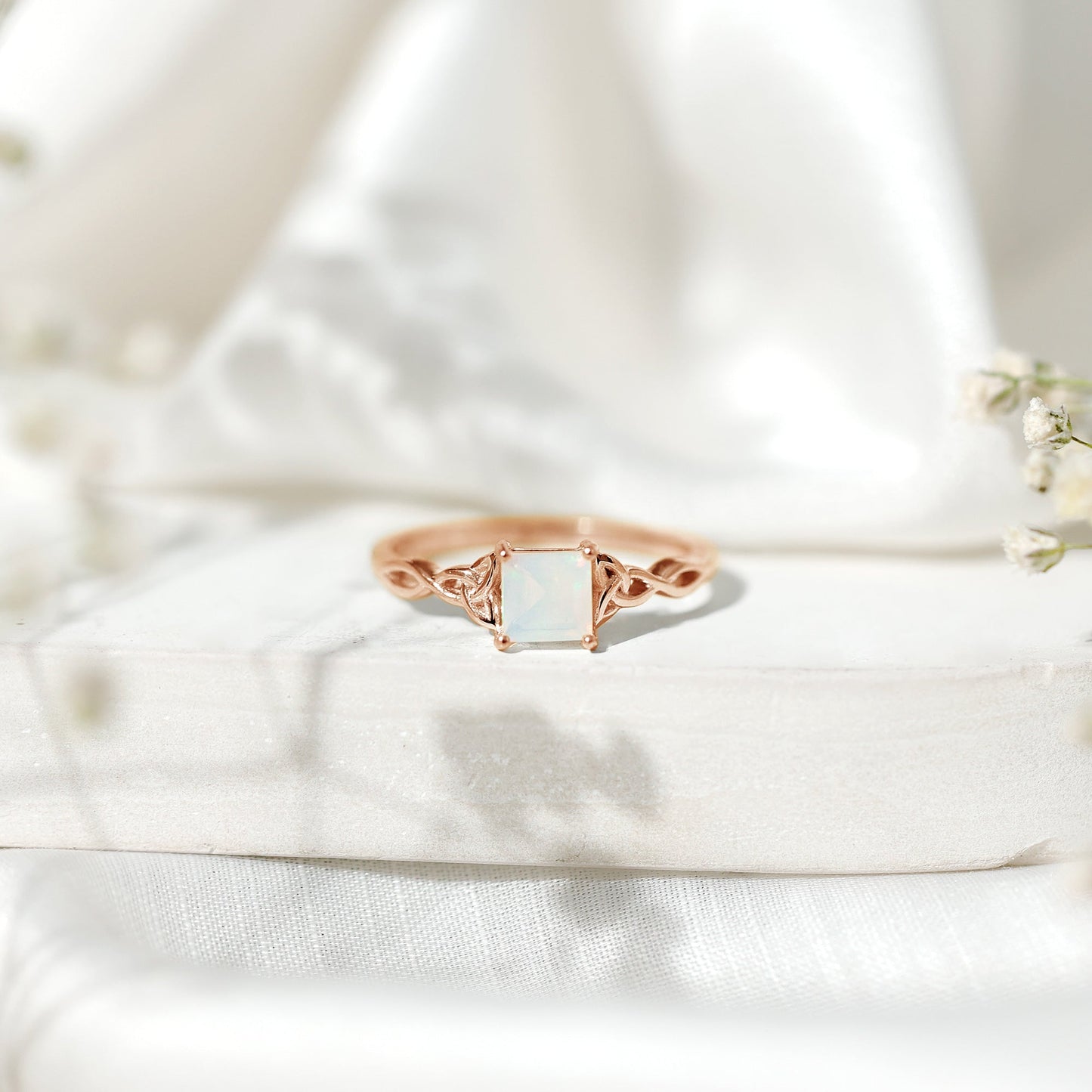 Genuine Princess Cut Ethiopian Opal Promise Ring with Celtic Knot