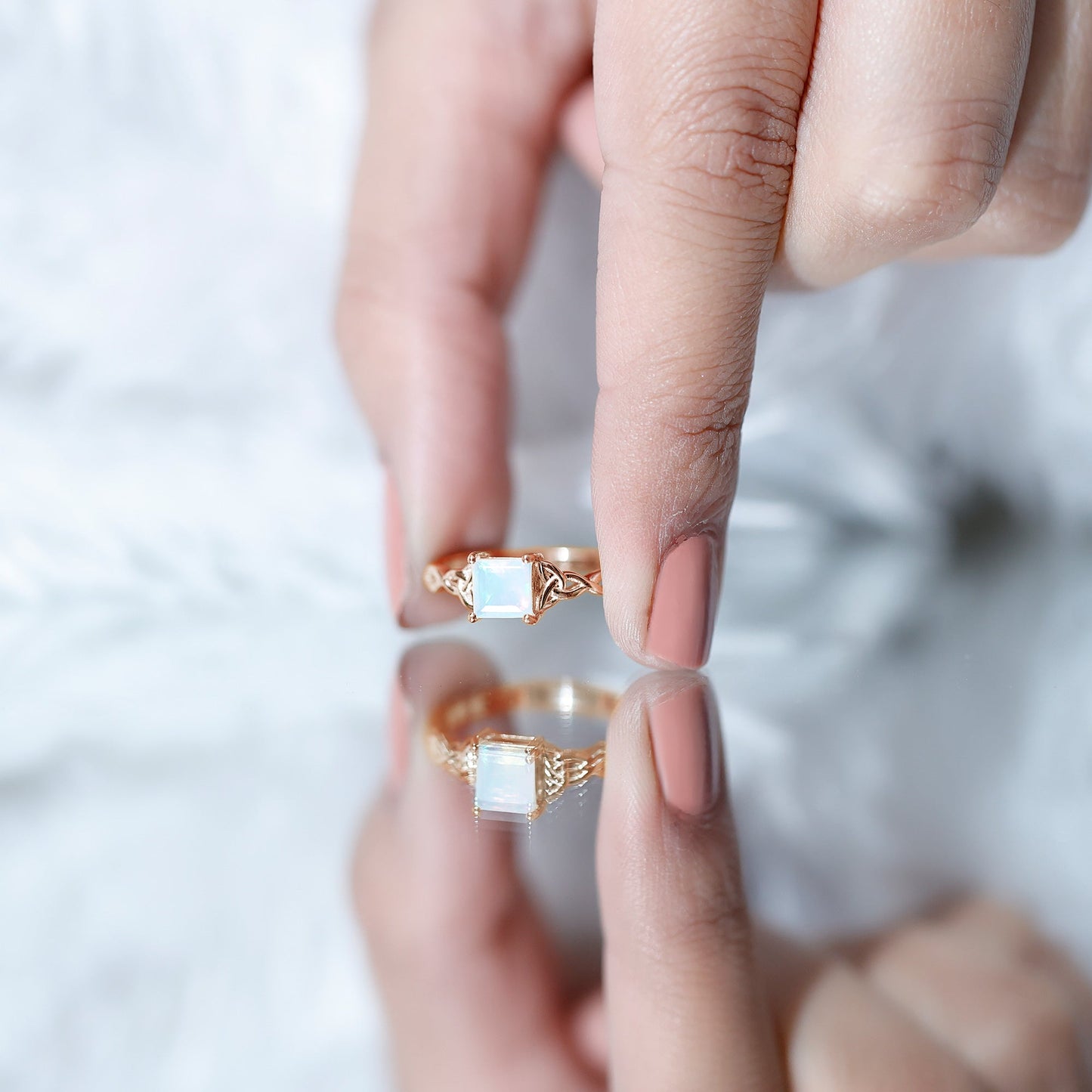 Genuine Princess Cut Ethiopian Opal Promise Ring with Celtic Knot