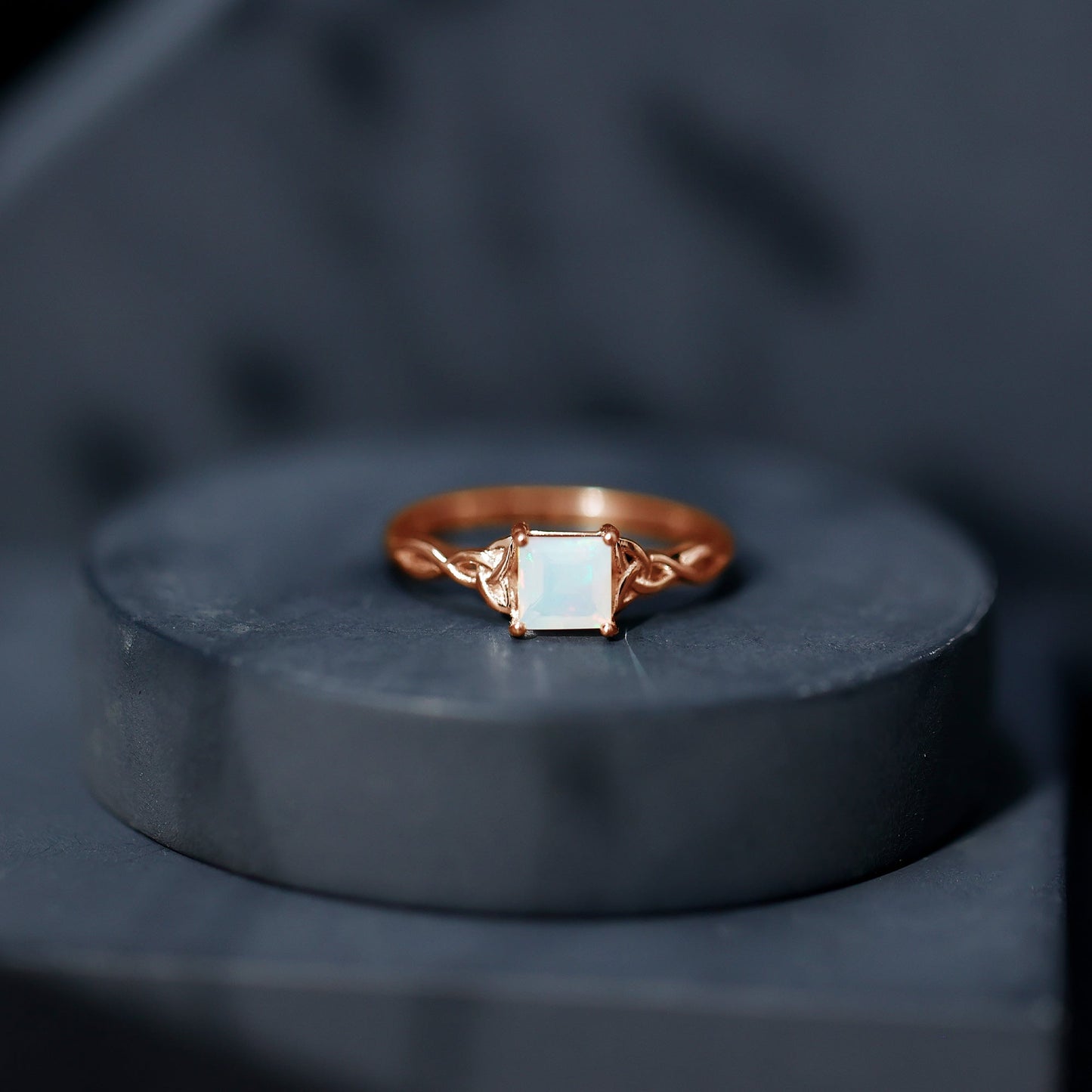 Genuine Princess Cut Ethiopian Opal Promise Ring with Celtic Knot