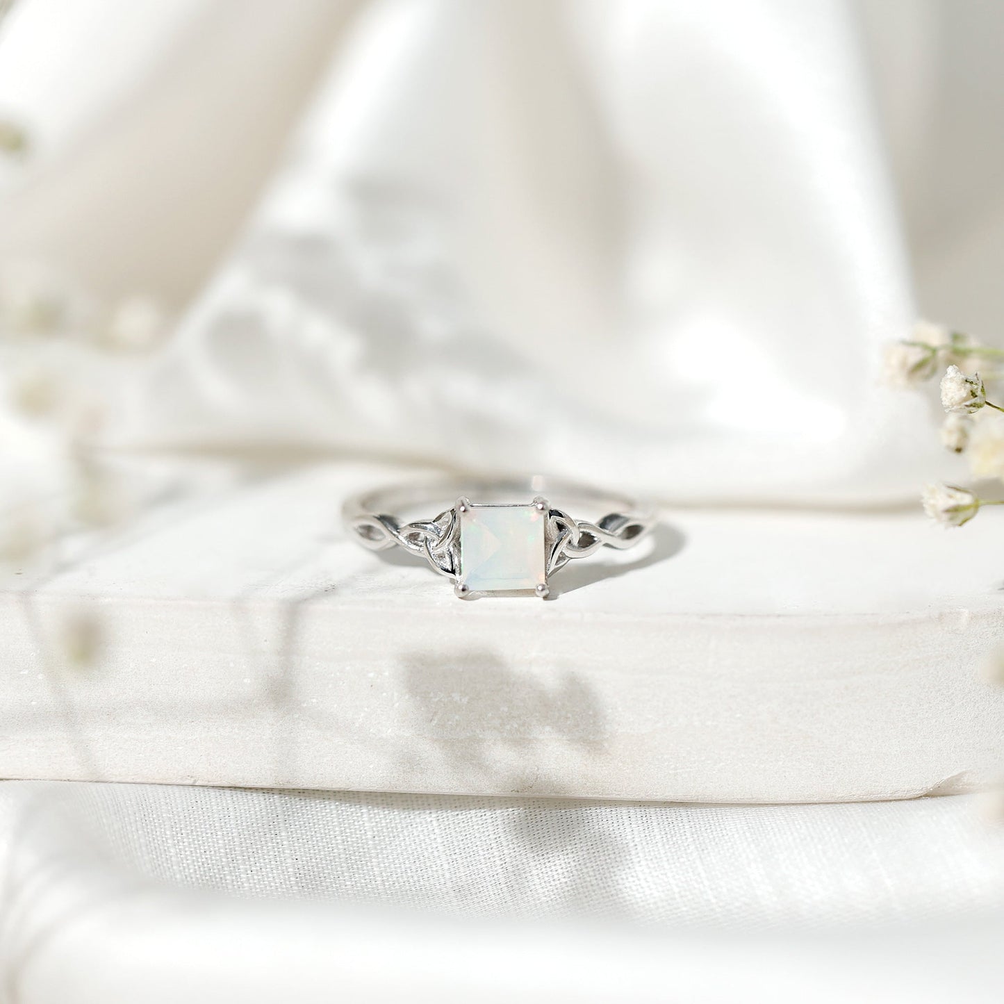 Genuine Princess Cut Ethiopian Opal Promise Ring with Celtic Knot