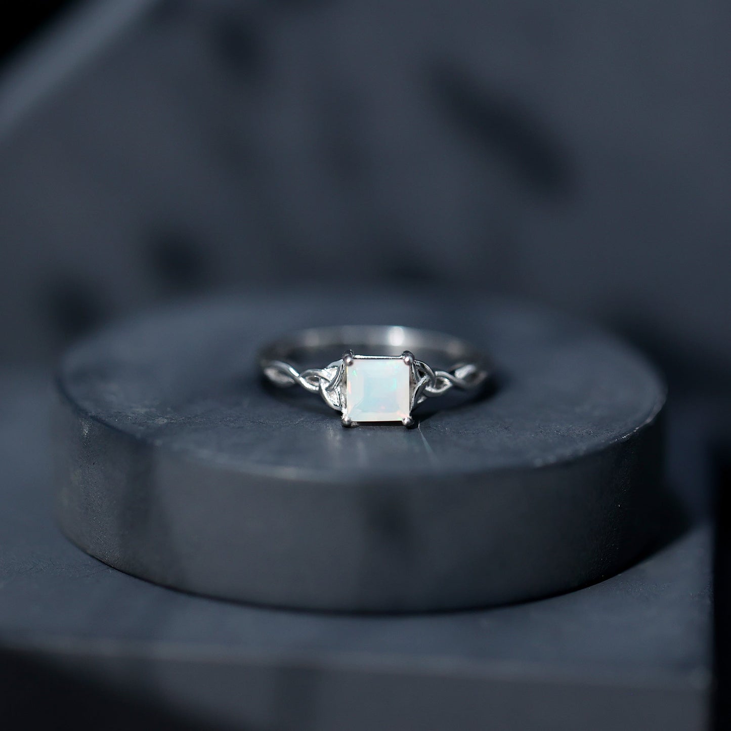 Genuine Princess Cut Ethiopian Opal Promise Ring with Celtic Knot