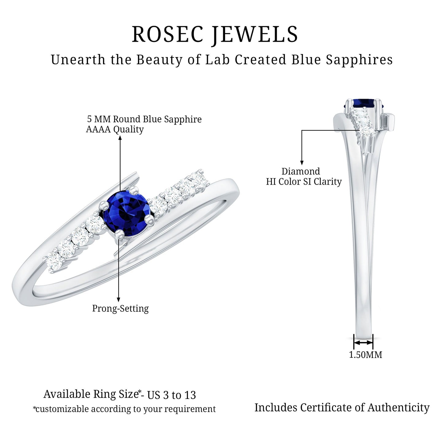 Certified 0.6 Ct Lab Grown Blue Sapphire Promise Ring with Diamond