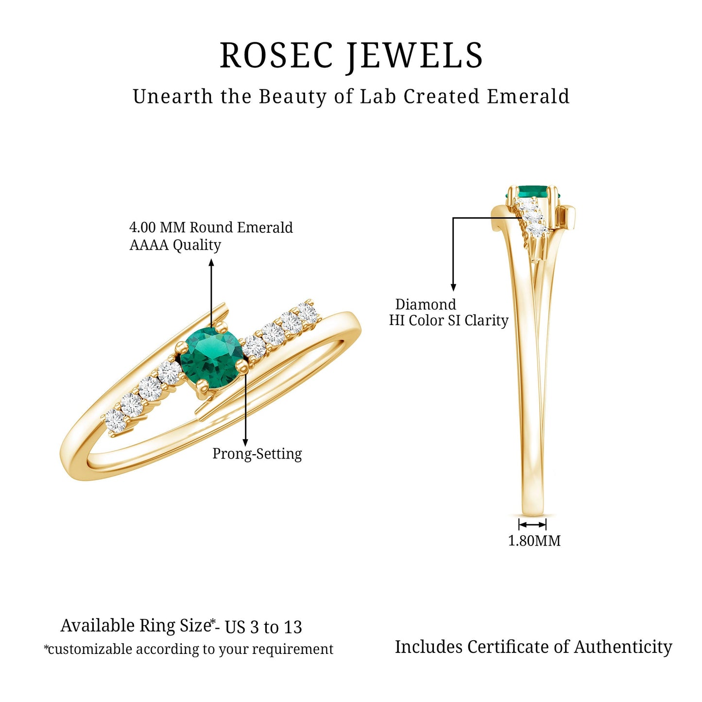 Certified Lab Grown Emerald Diamond Simple Promise Ring with Bypass Shank