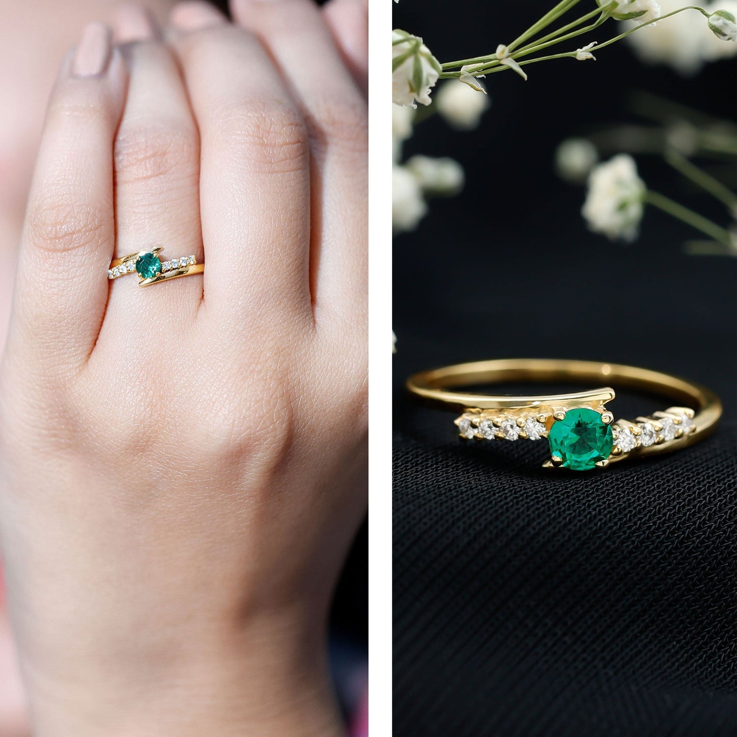 Certified Lab Grown Emerald Diamond Simple Promise Ring with Bypass Shank