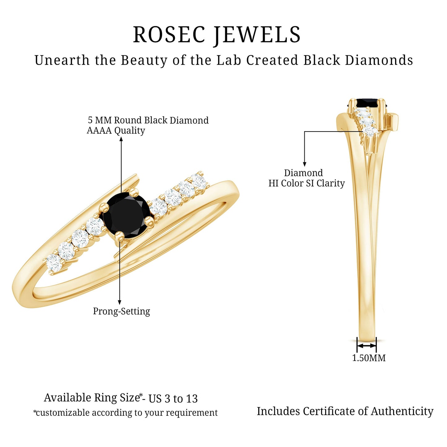 Certified Lab Grown Black and White Diamond Promise Ring with Bypass Shank