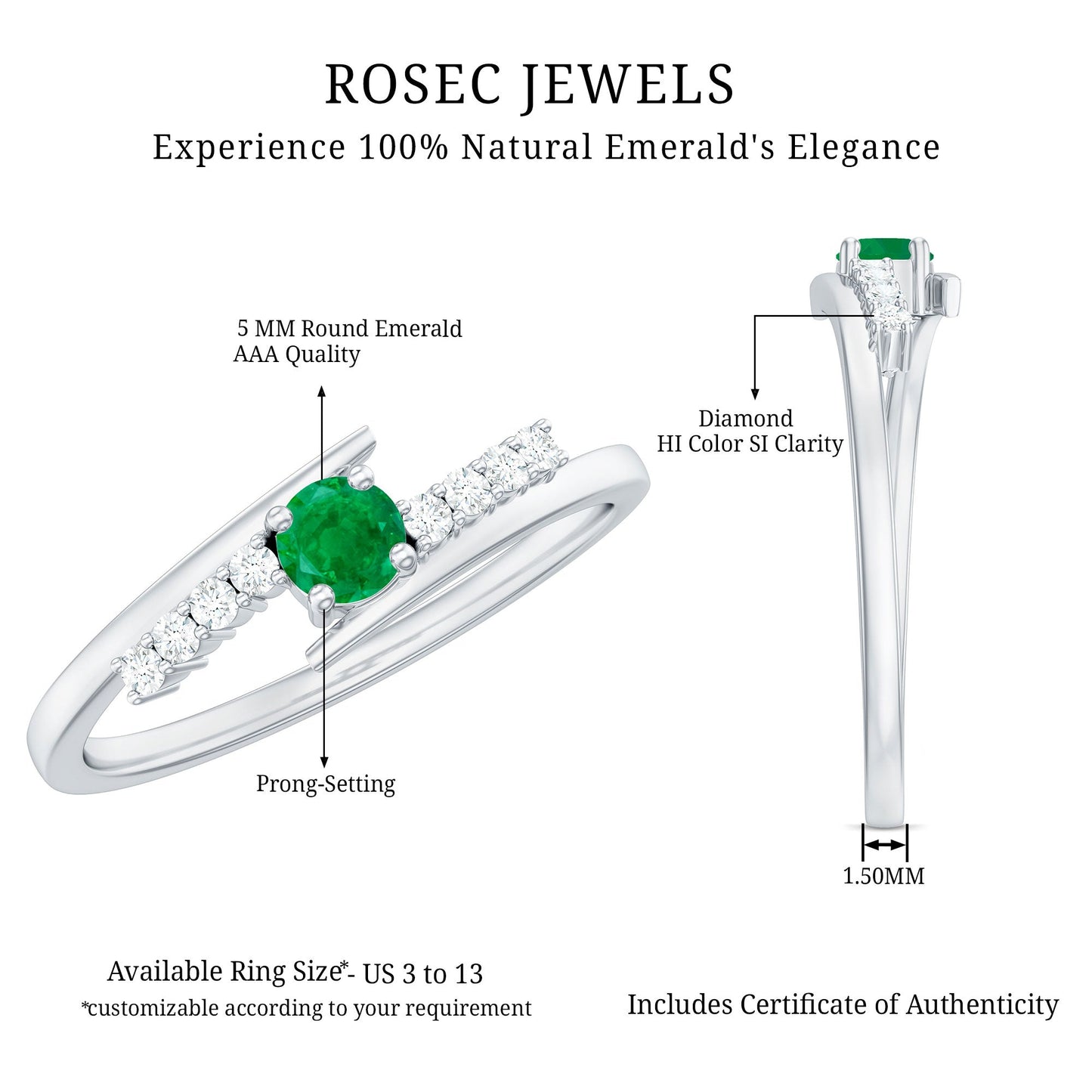 Real Emerald and Diamond Promise Ring with Bypass Shank