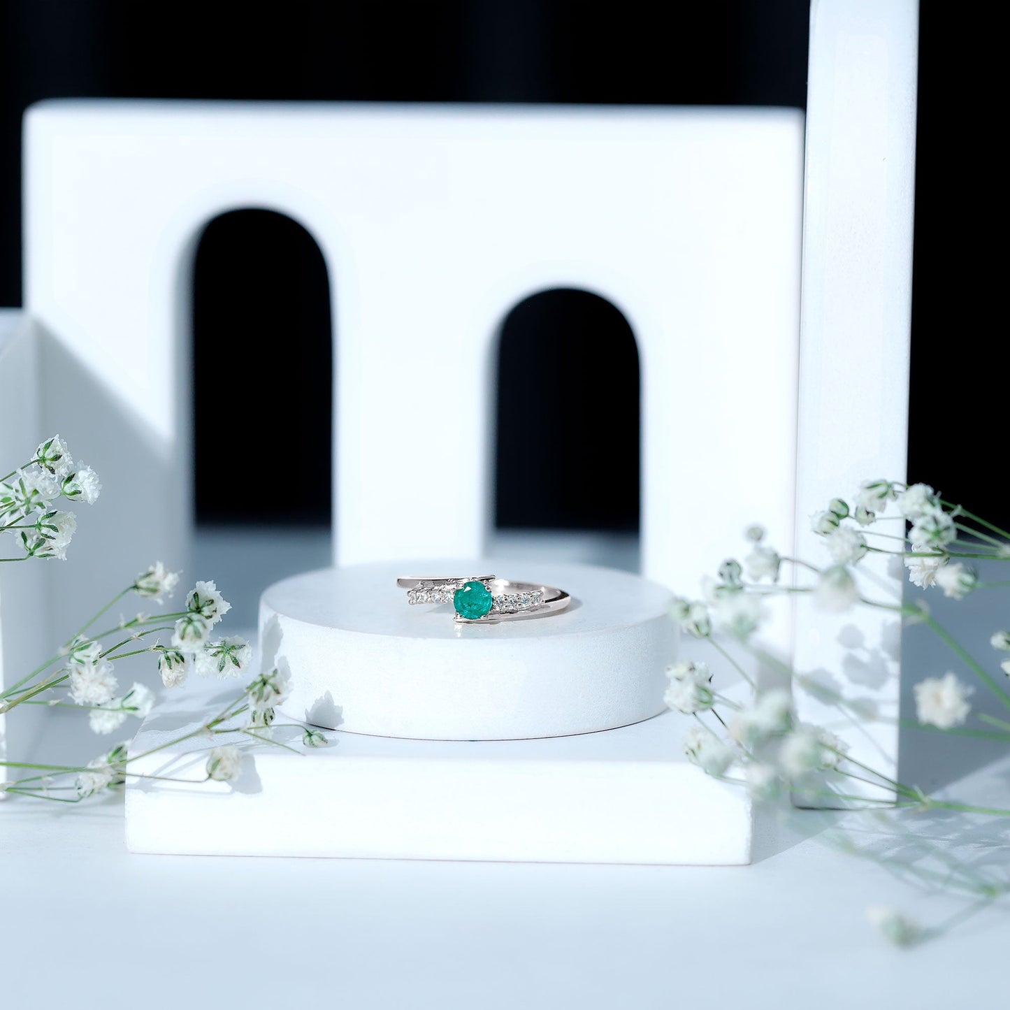 Real Emerald and Diamond Promise Ring with Bypass Shank
