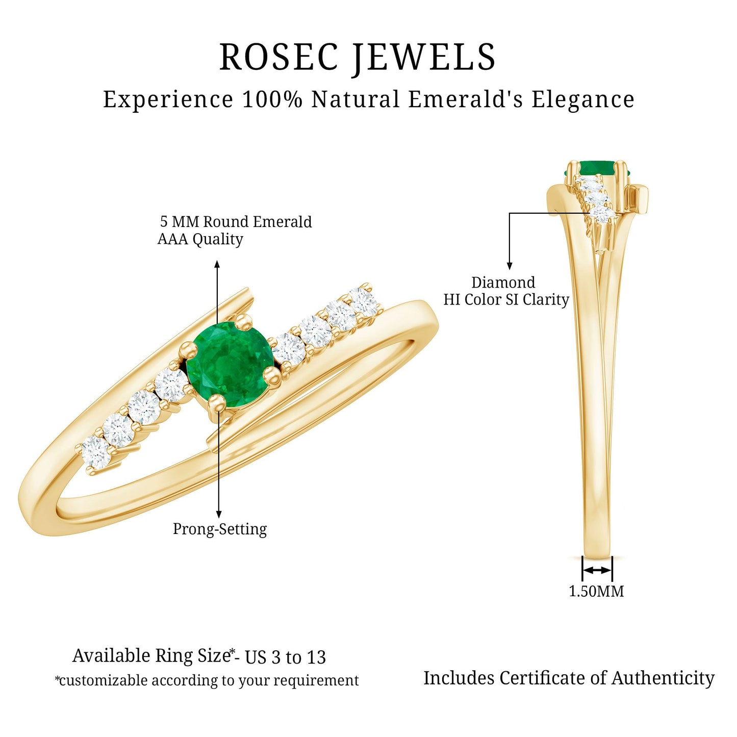 Real Emerald and Diamond Promise Ring with Bypass Shank