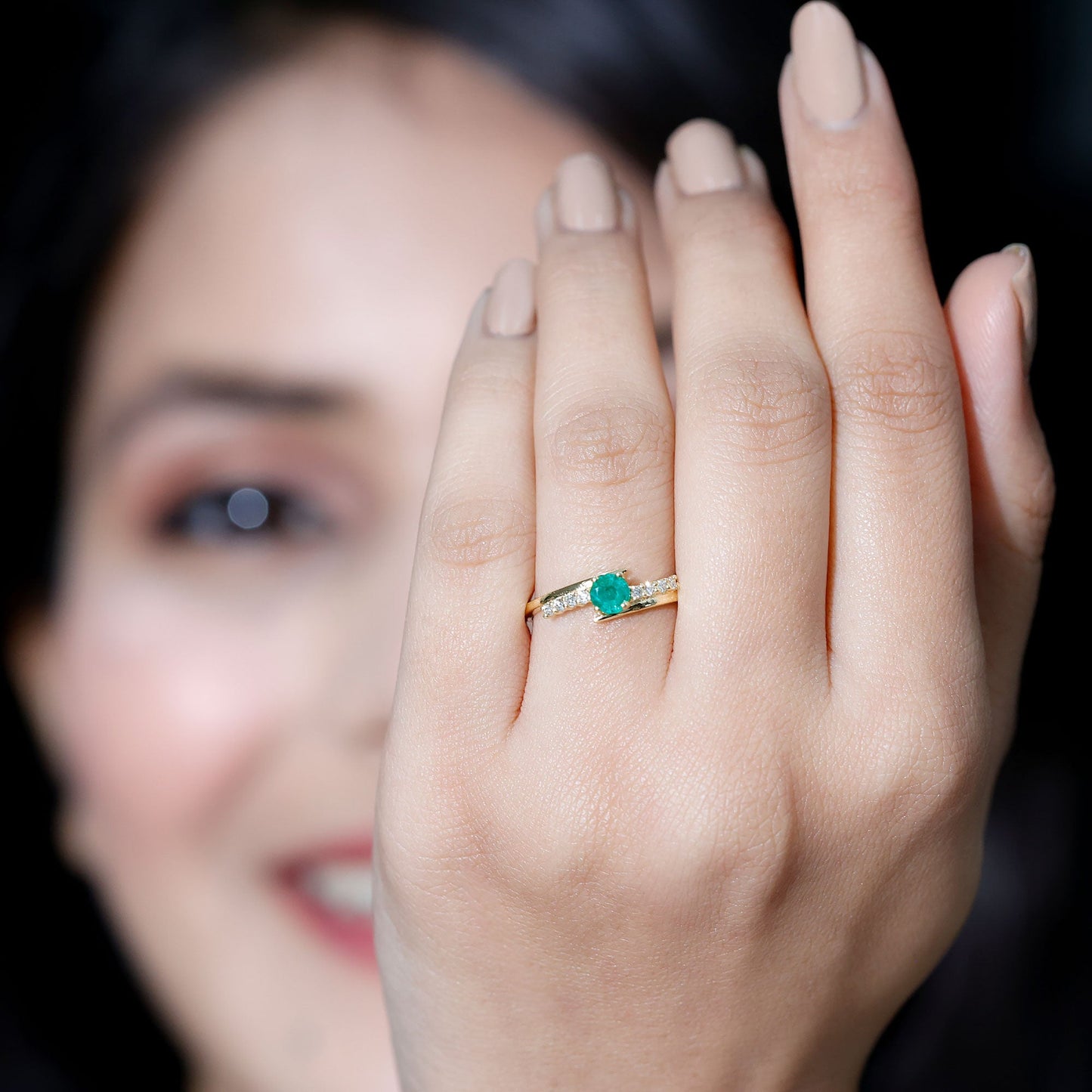 Real Emerald and Diamond Promise Ring with Bypass Shank