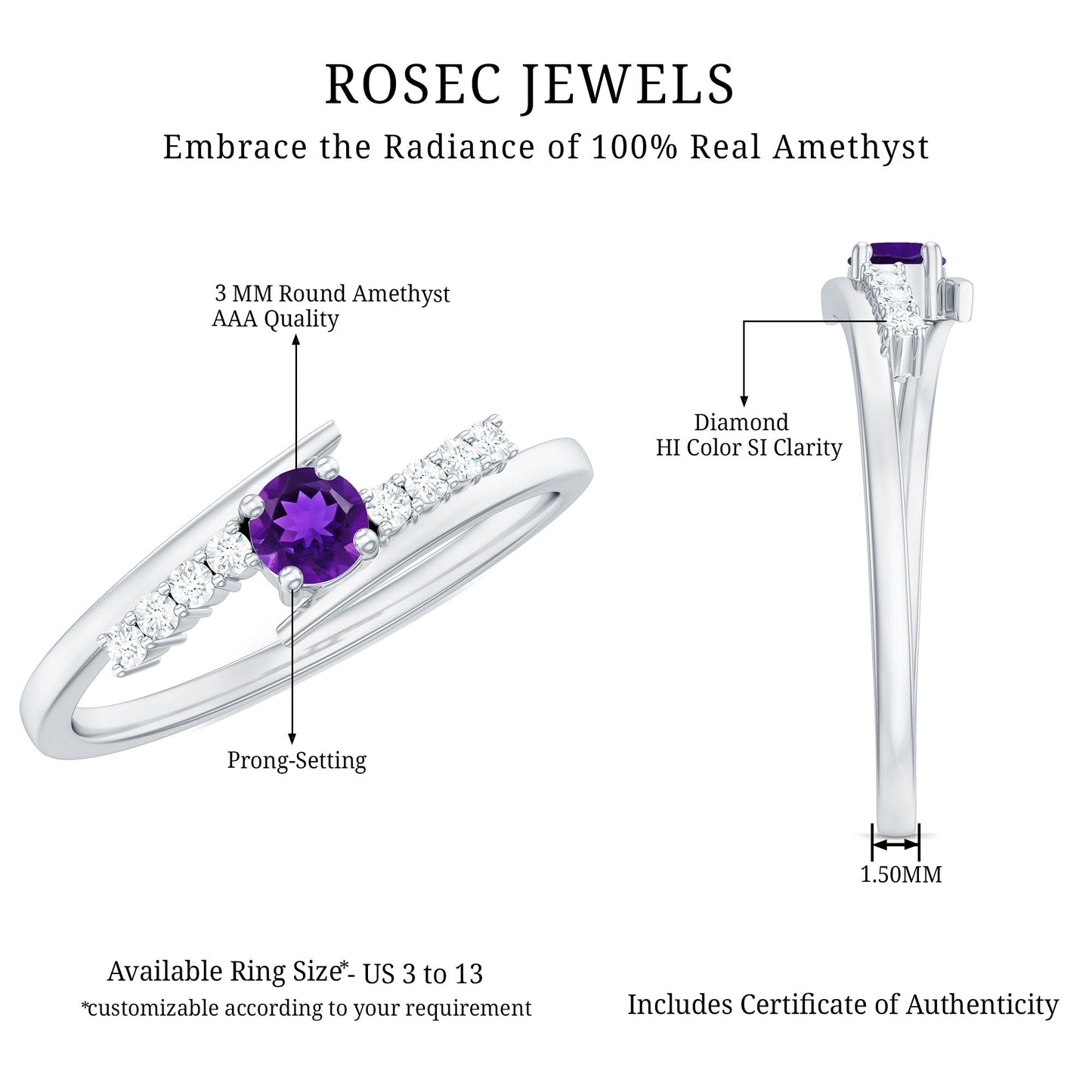 Real Amethyst and Diamond Bypass Promise Ring with Certificate