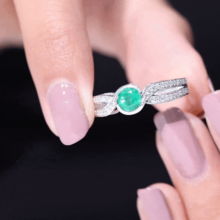 Round Cut Genuine Emerald and Diamond Designer Engagement Ring