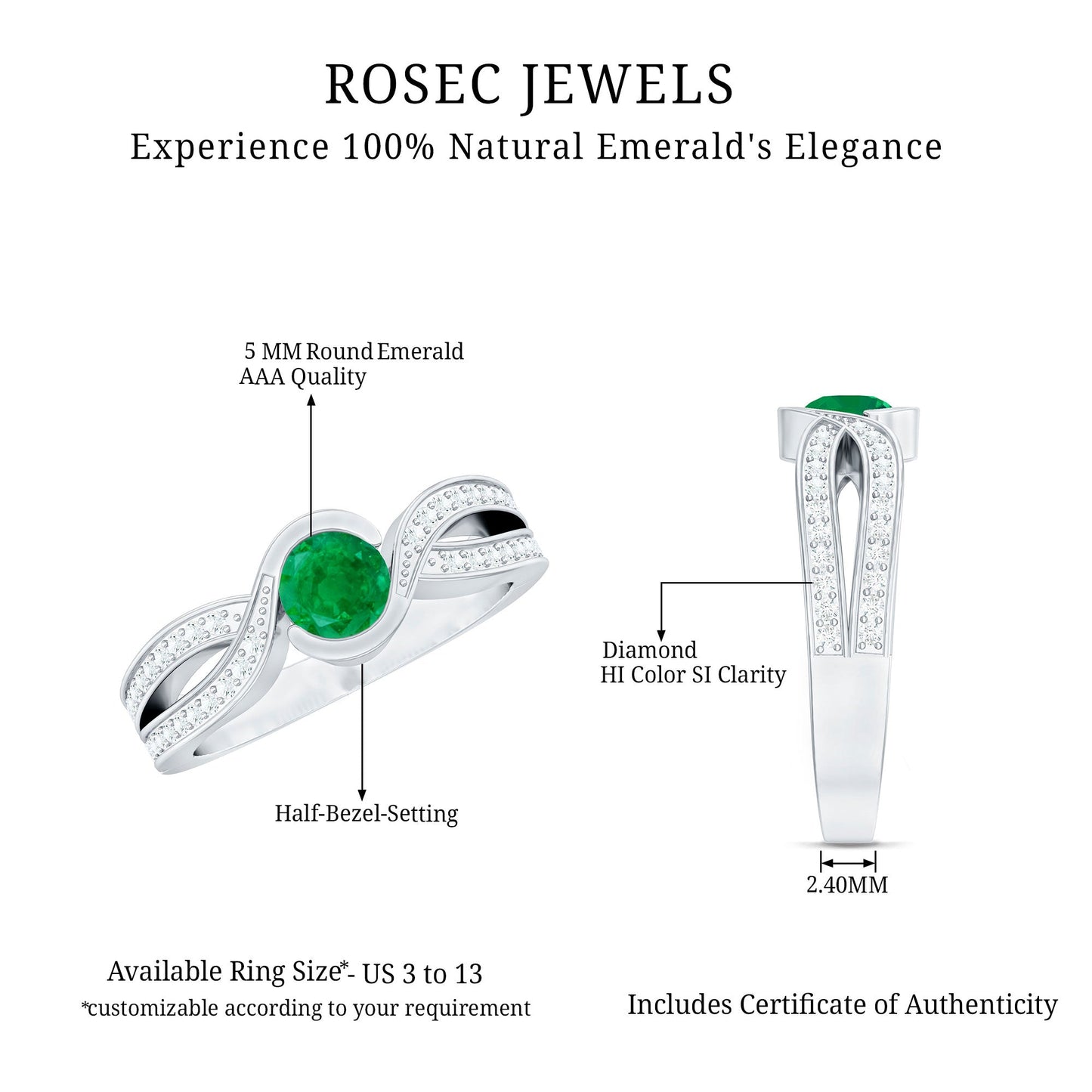 Round Cut Genuine Emerald and Diamond Designer Engagement Ring