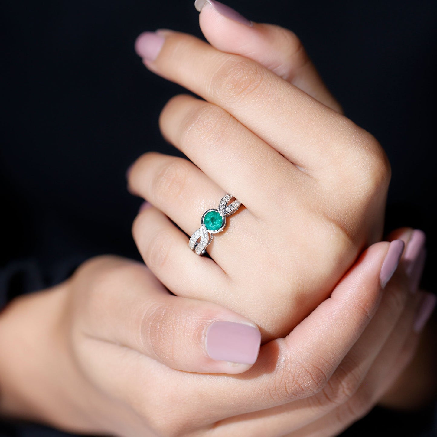 Round Cut Genuine Emerald and Diamond Designer Engagement Ring