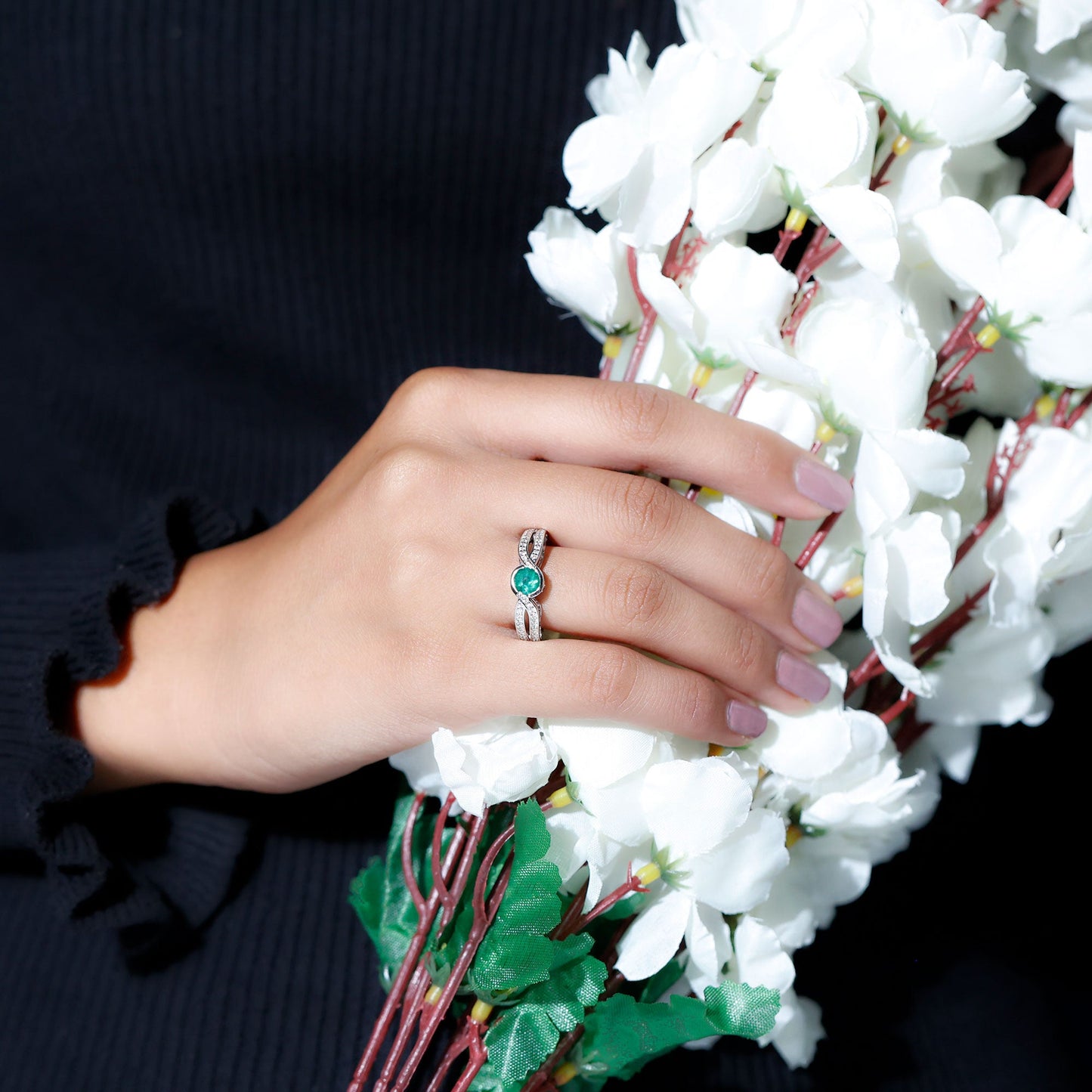 Round Cut Genuine Emerald and Diamond Designer Engagement Ring