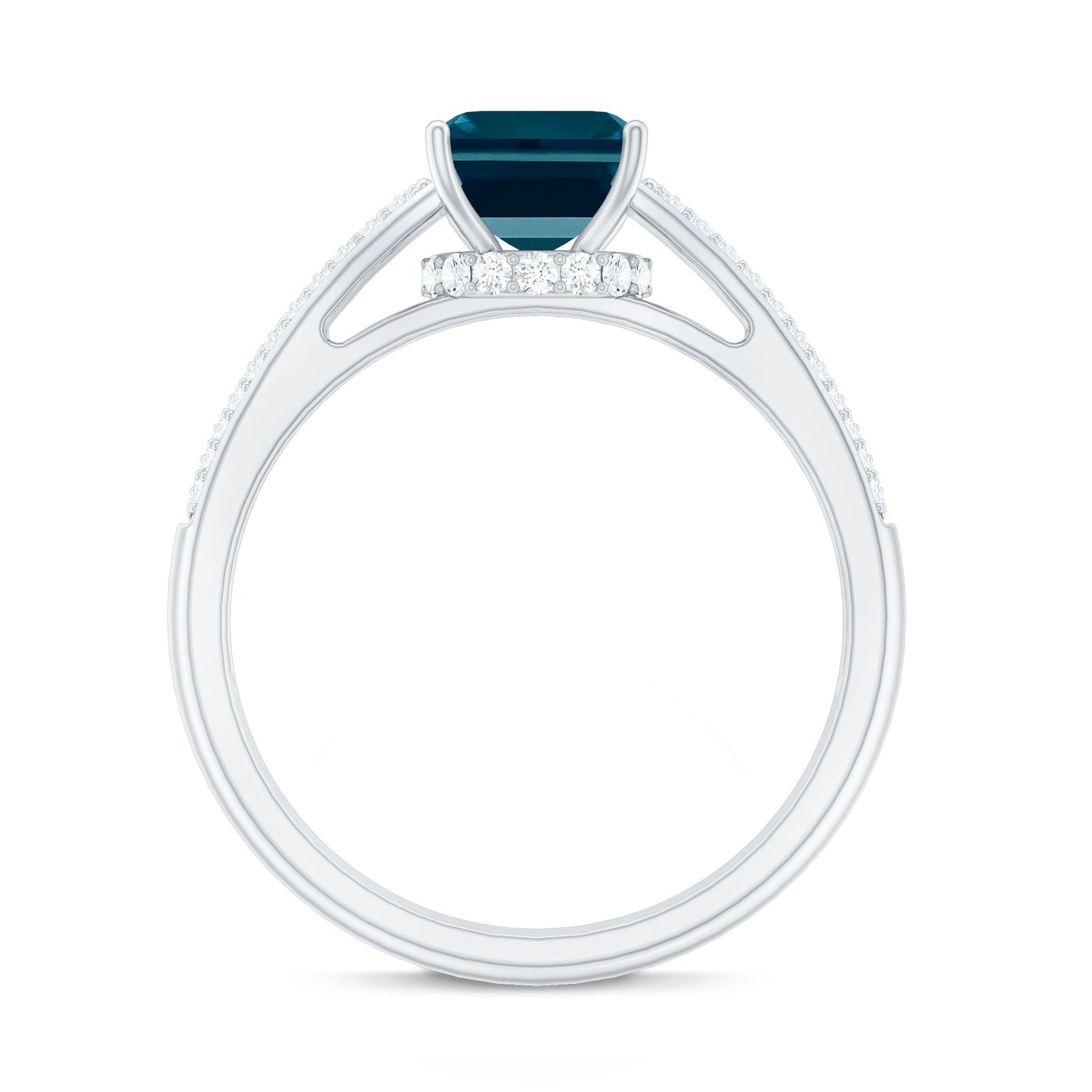 2.2 Carat Emerald Cut London Blue Topaz Side Stone Engagement Ring with Diamond