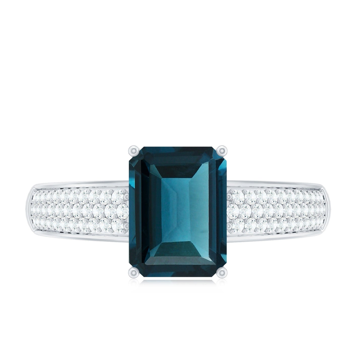 2.2 Carat Emerald Cut London Blue Topaz Side Stone Engagement Ring with Diamond