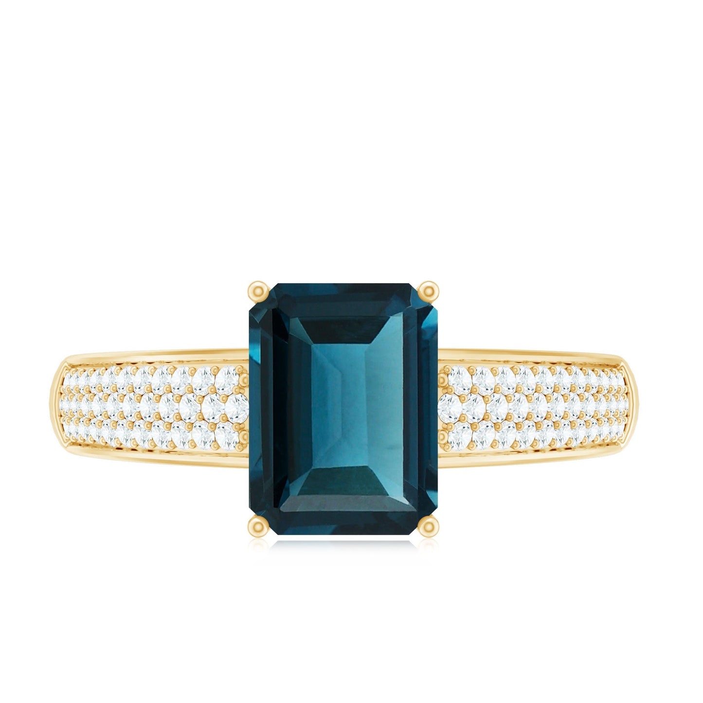 2.2 Carat Emerald Cut London Blue Topaz Side Stone Engagement Ring with Diamond