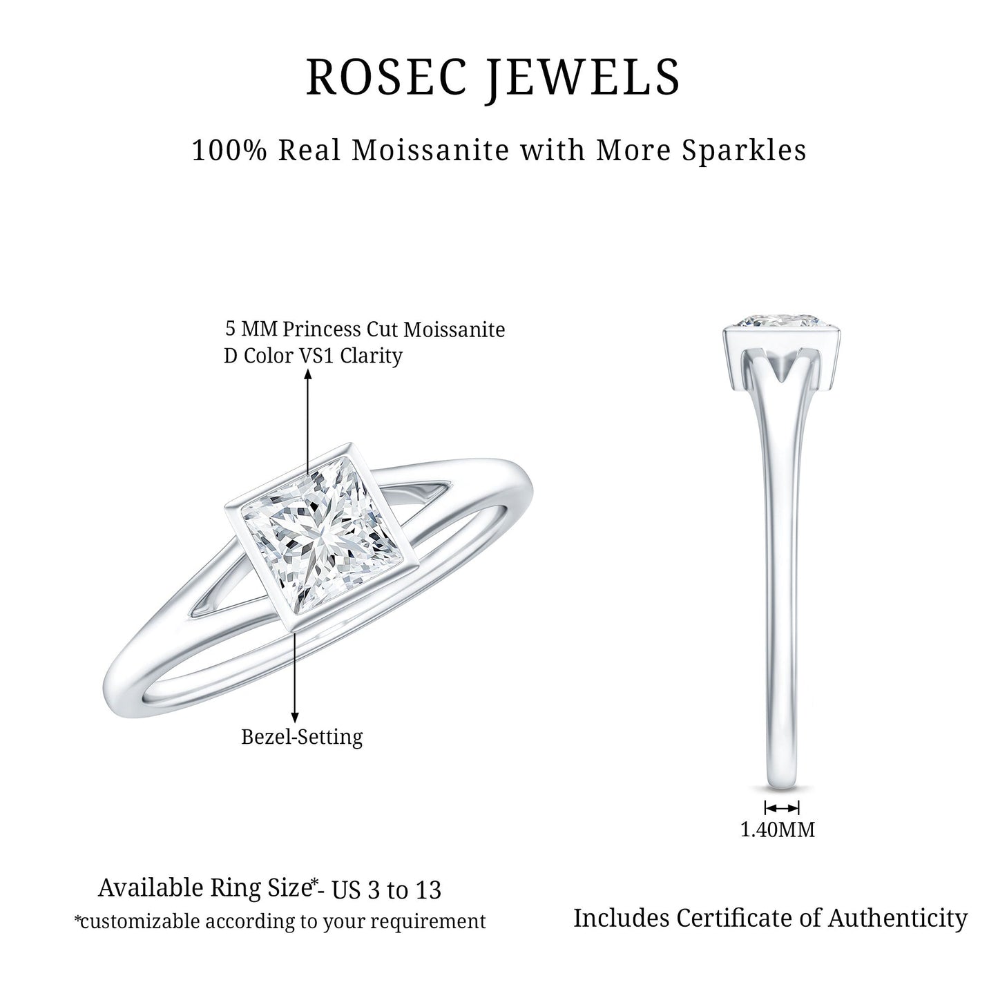 Bezel Set Princess Cut Moissanite Solitaire Promise Ring in Split Shank
