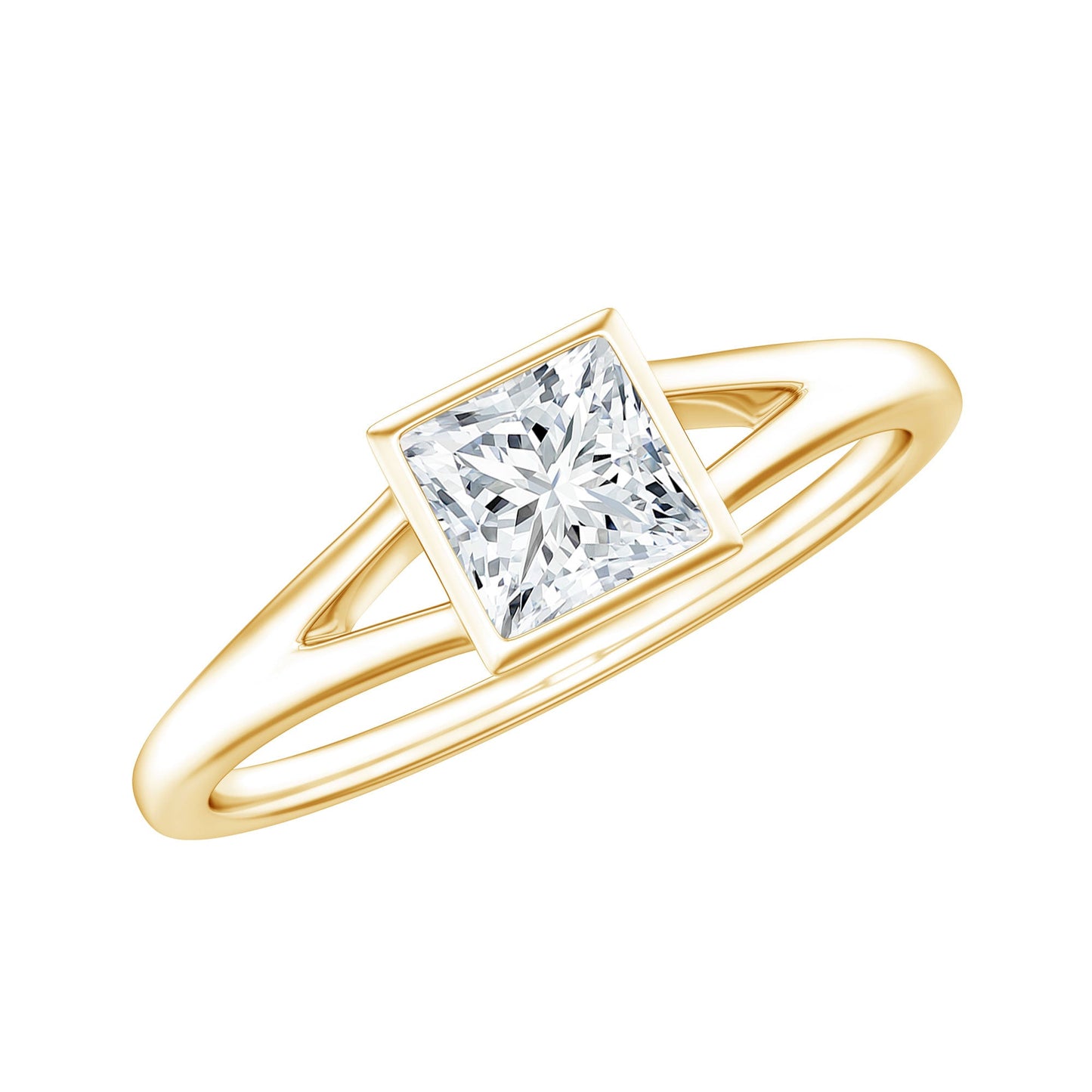 Bezel Set Princess Cut Moissanite Solitaire Promise Ring in Split Shank