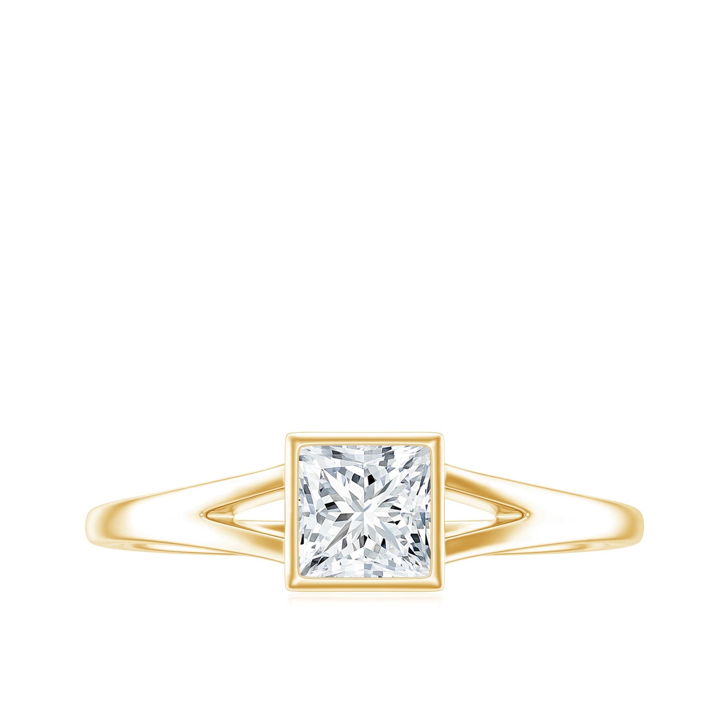 Bezel Set Princess Cut Moissanite Solitaire Promise Ring in Split Shank