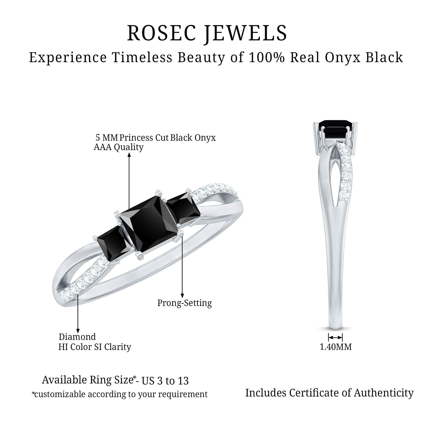 Princess Cut Black Onyx 3 Stone Promise Ring with Diamond