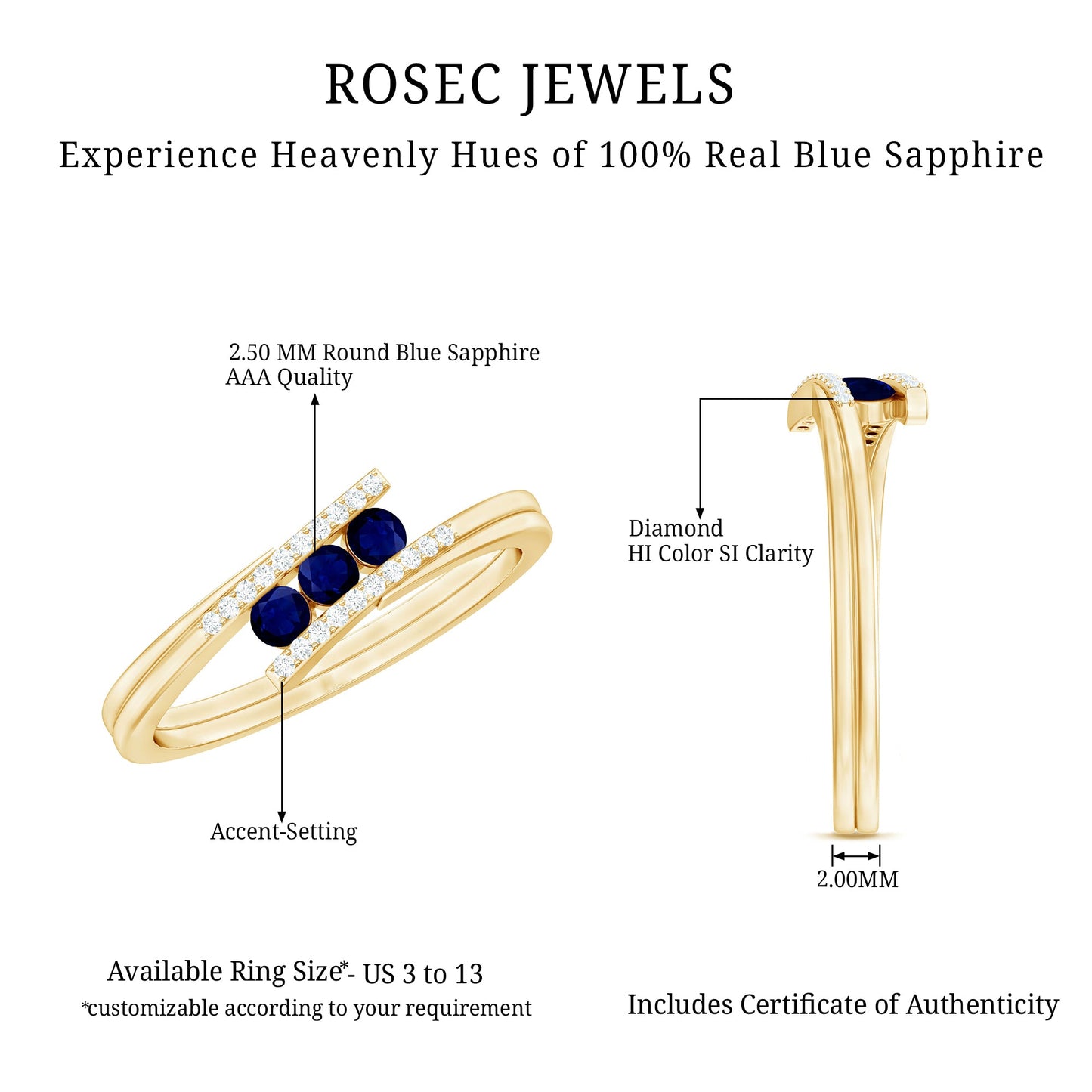 Natural Blue Sapphire 3 Stone Promise Ring with Diamond Bypass Shank