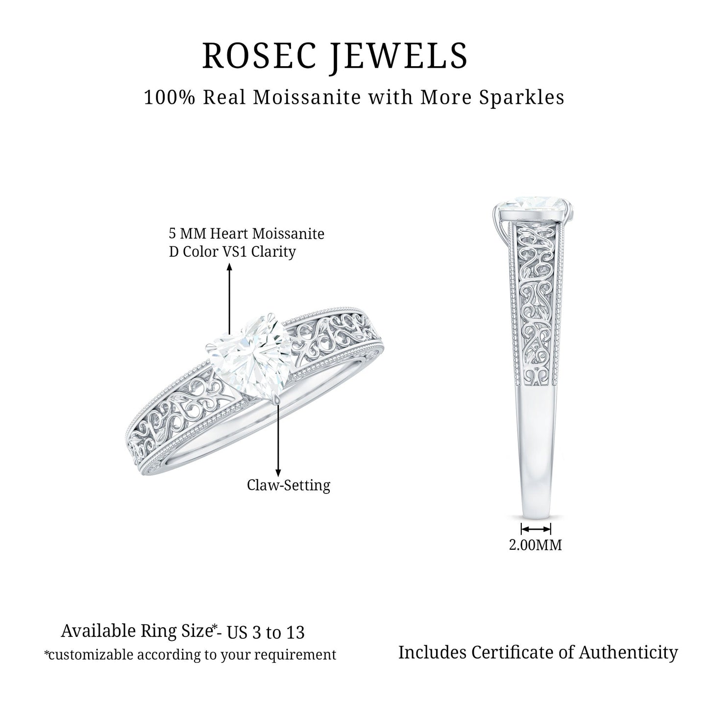 Heart Shape Solitaire Moissanite Filigree Engagement Ring