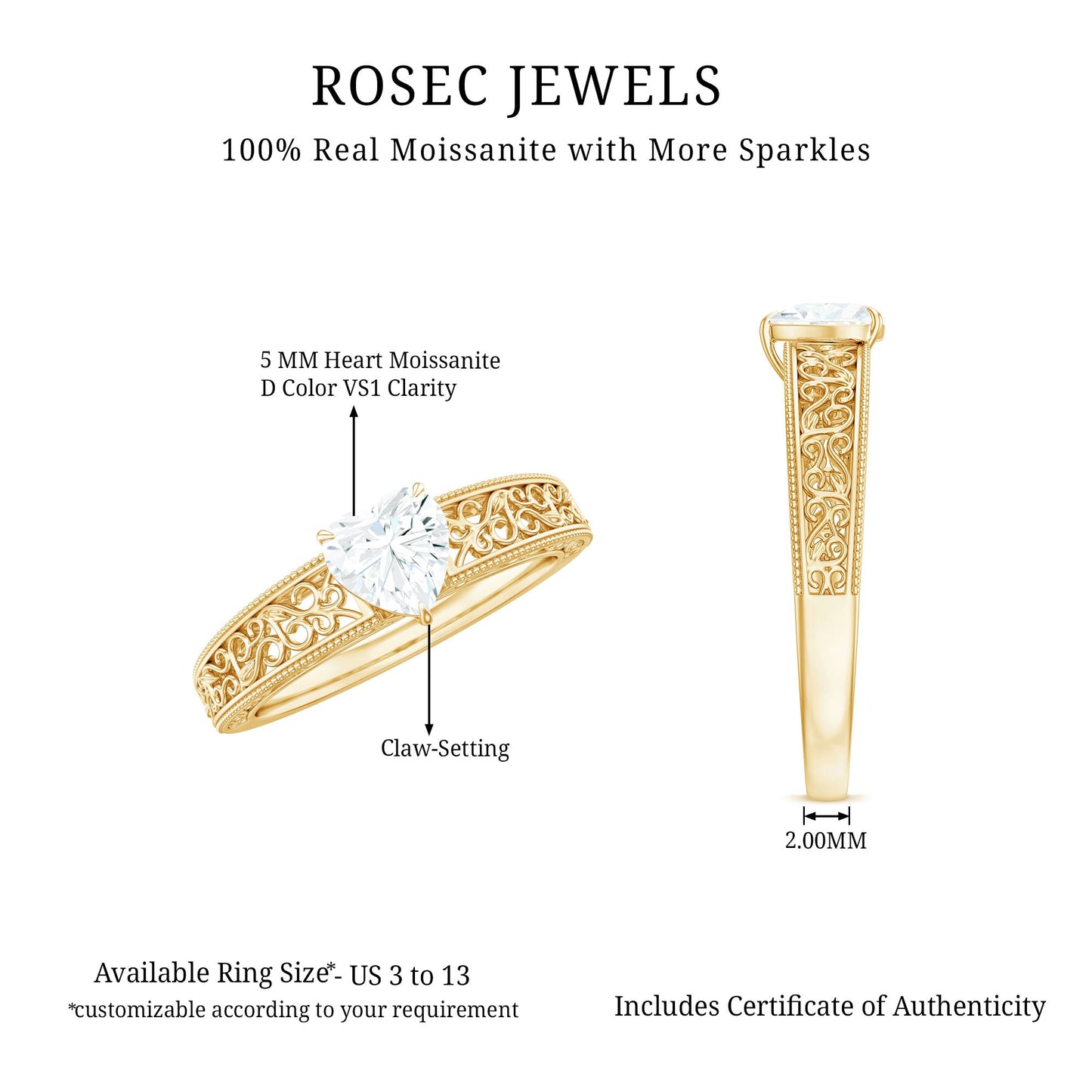 Heart Shape Solitaire Moissanite Filigree Engagement Ring