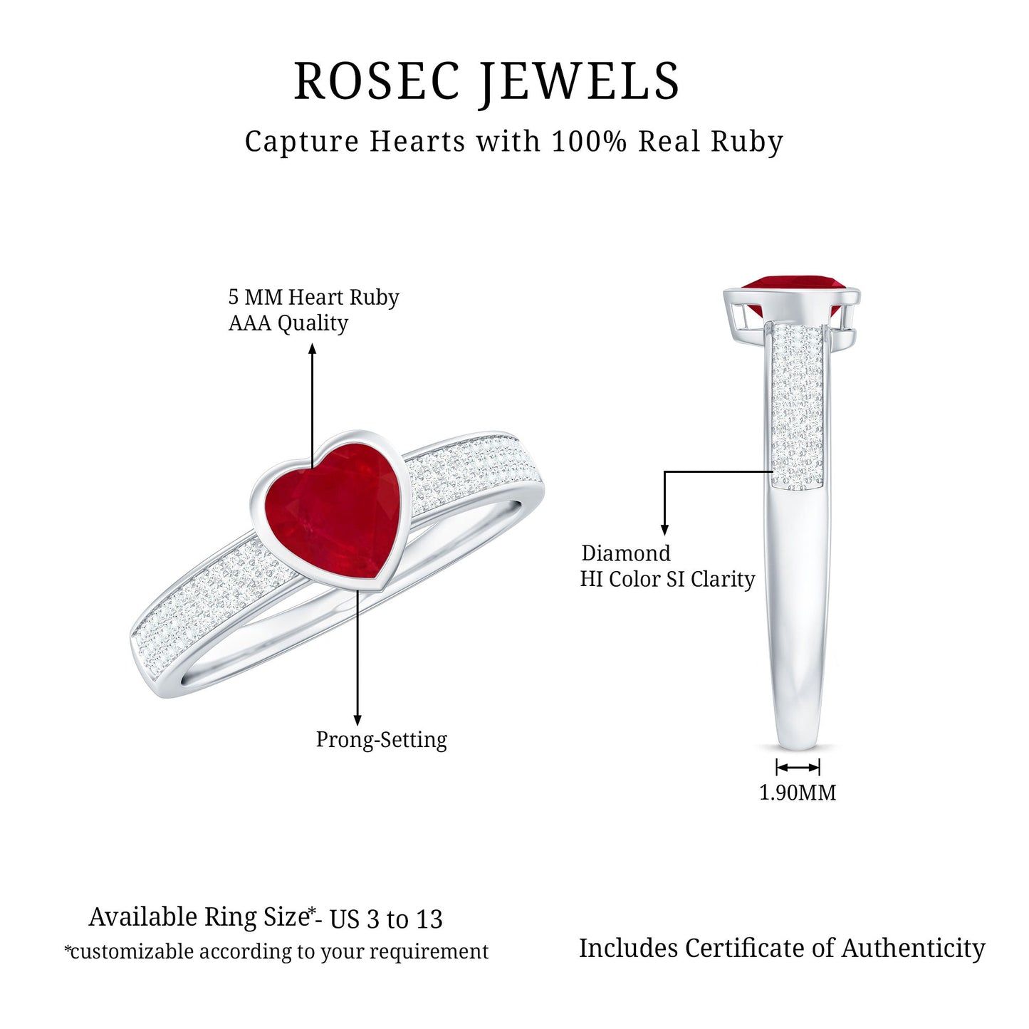 Genuine 0.6 Carat Ruby Heart Engagement Ring with Diamond