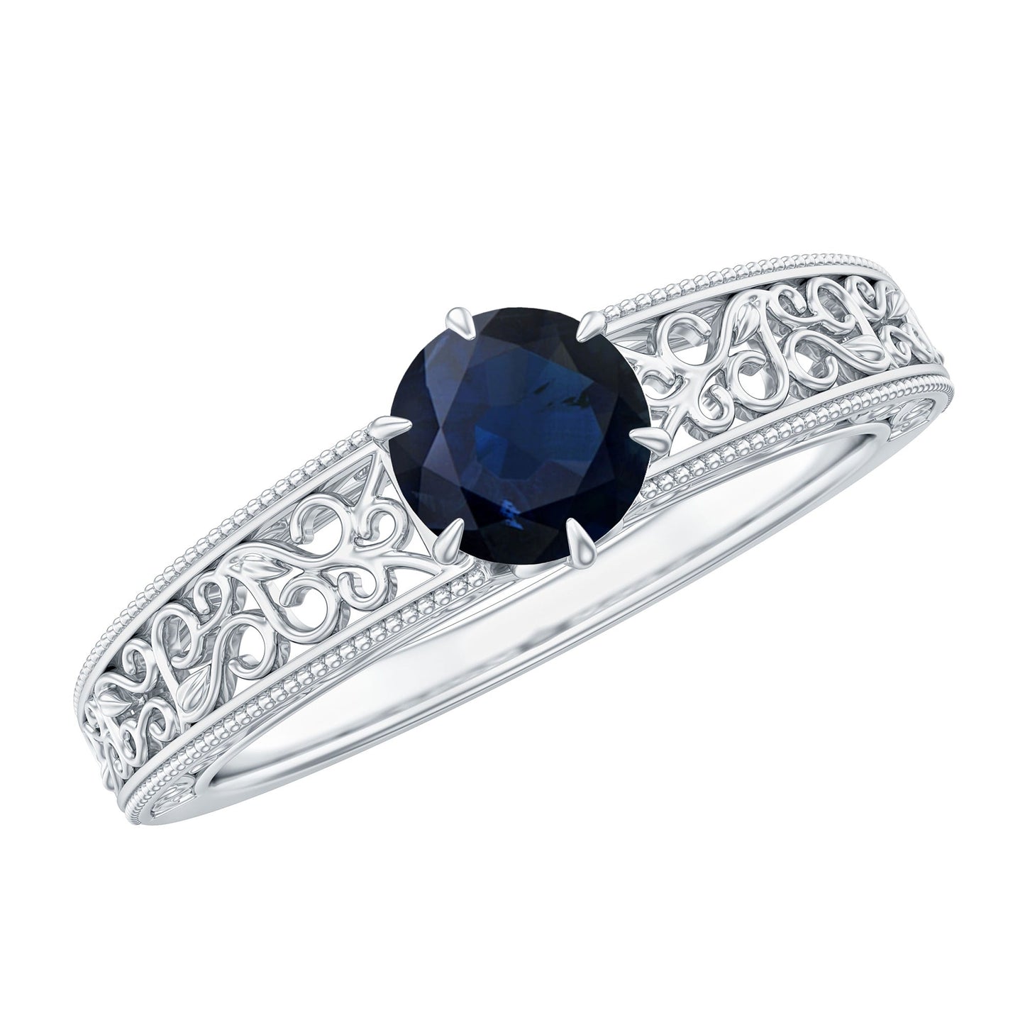 Vintage Inspired 0.9 Carat Blue Sapphire Filigree Engagement Ring for Women