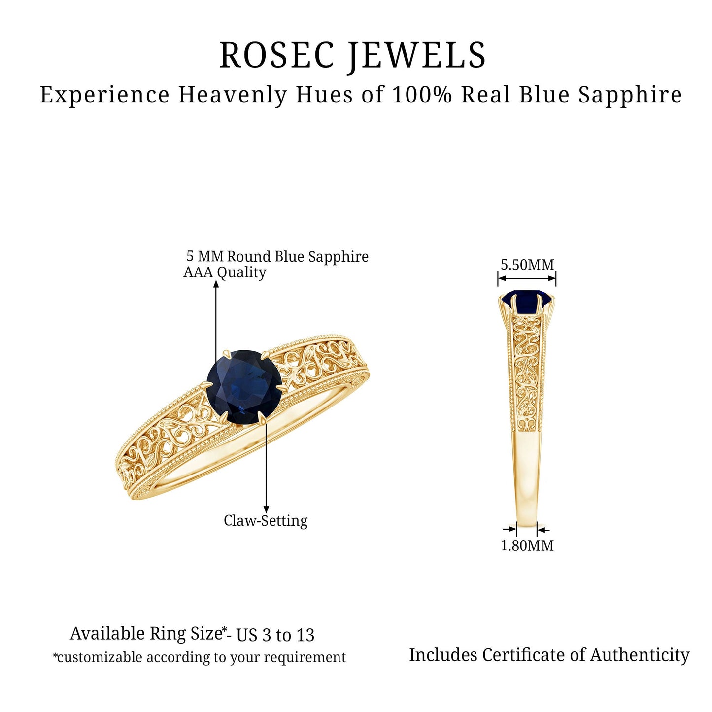 Vintage Inspired 0.9 Carat Blue Sapphire Filigree Engagement Ring for Women
