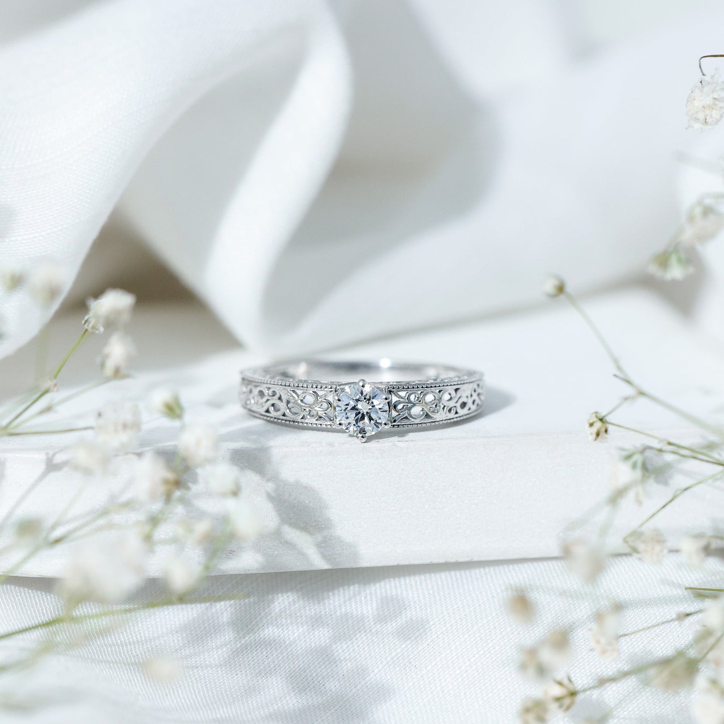 Round Cut Solitaire Moissanite Vintage Looking Engagement Ring