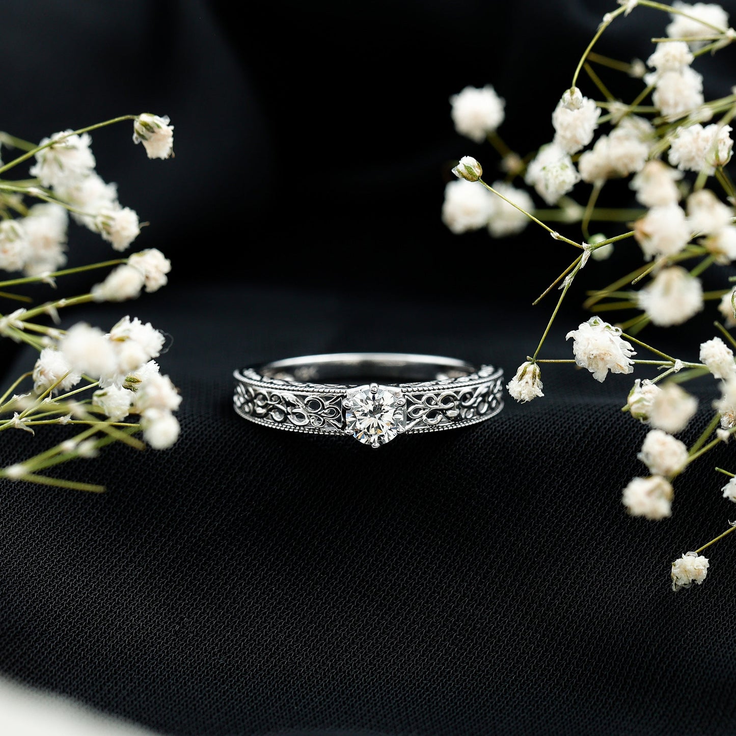Round Cut Solitaire Moissanite Vintage Looking Engagement Ring