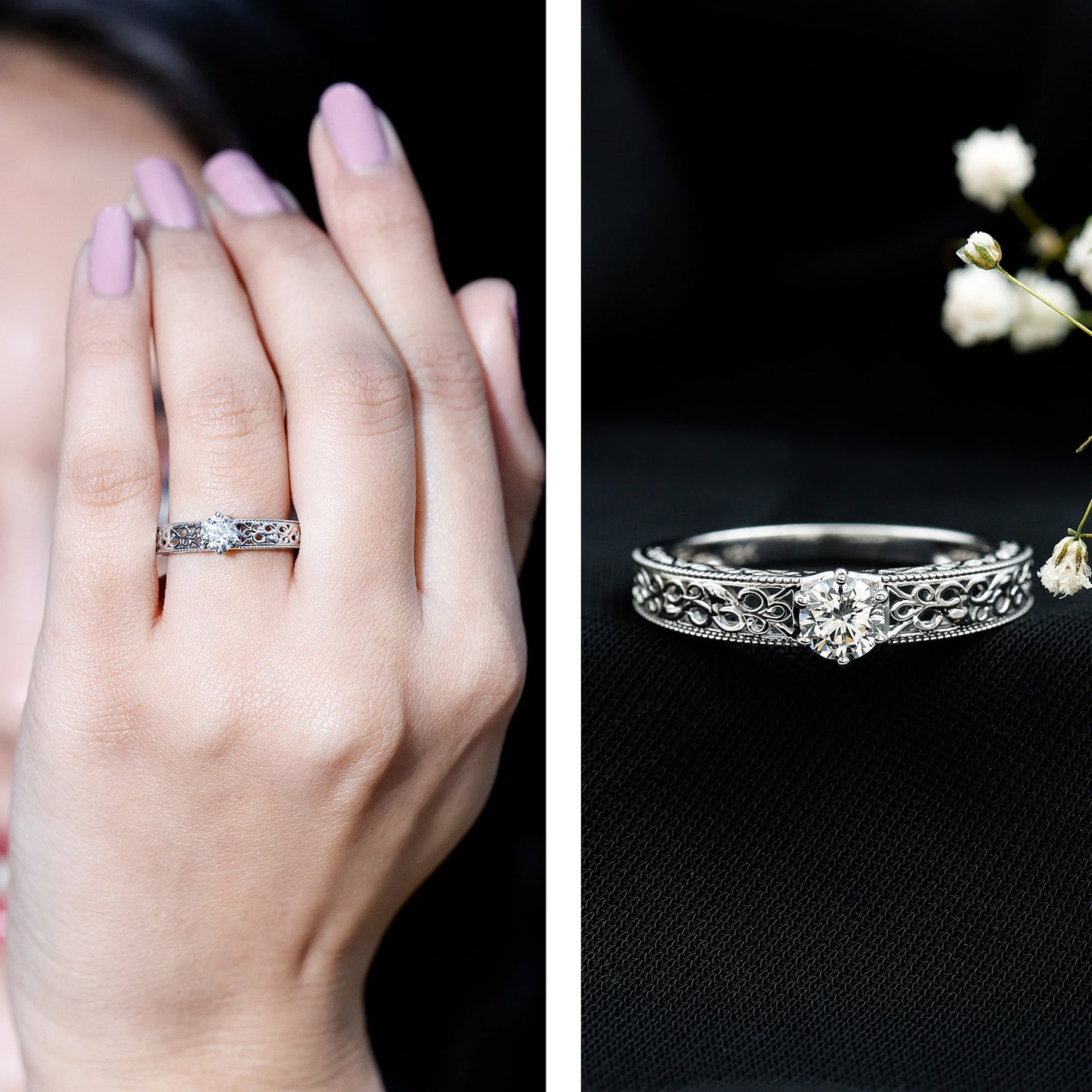 Round Cut Moissanite Solitaire Engagement Ring with Filigree Band