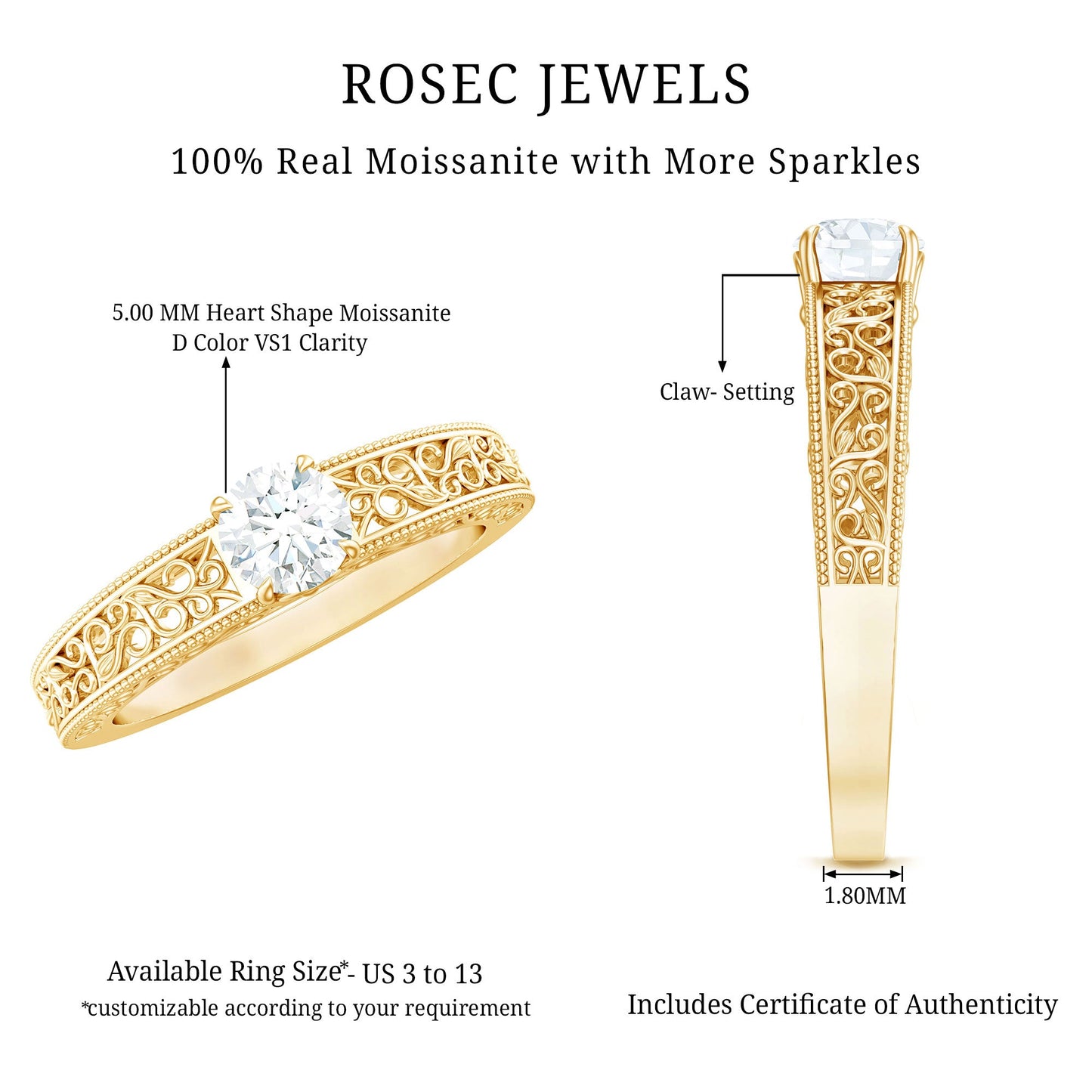 Round Cut Moissanite Solitaire Engagement Ring with Filigree Band