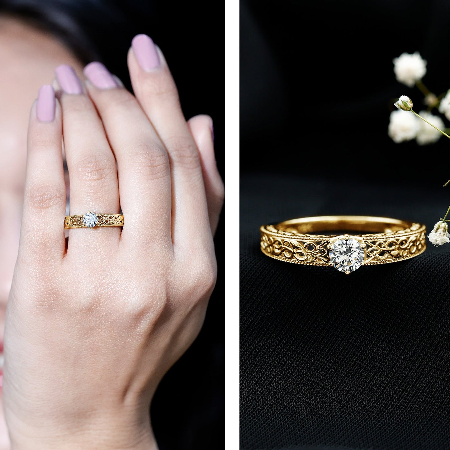 Round Cut Moissanite Solitaire Engagement Ring with Filigree Band