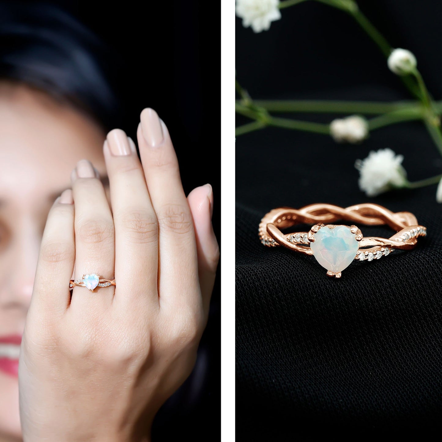 Natural Ethiopian Opal Diamond Heart Promise Engagement Ring