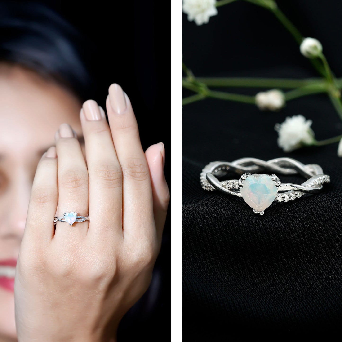 Natural Ethiopian Opal Diamond Heart Promise Engagement Ring