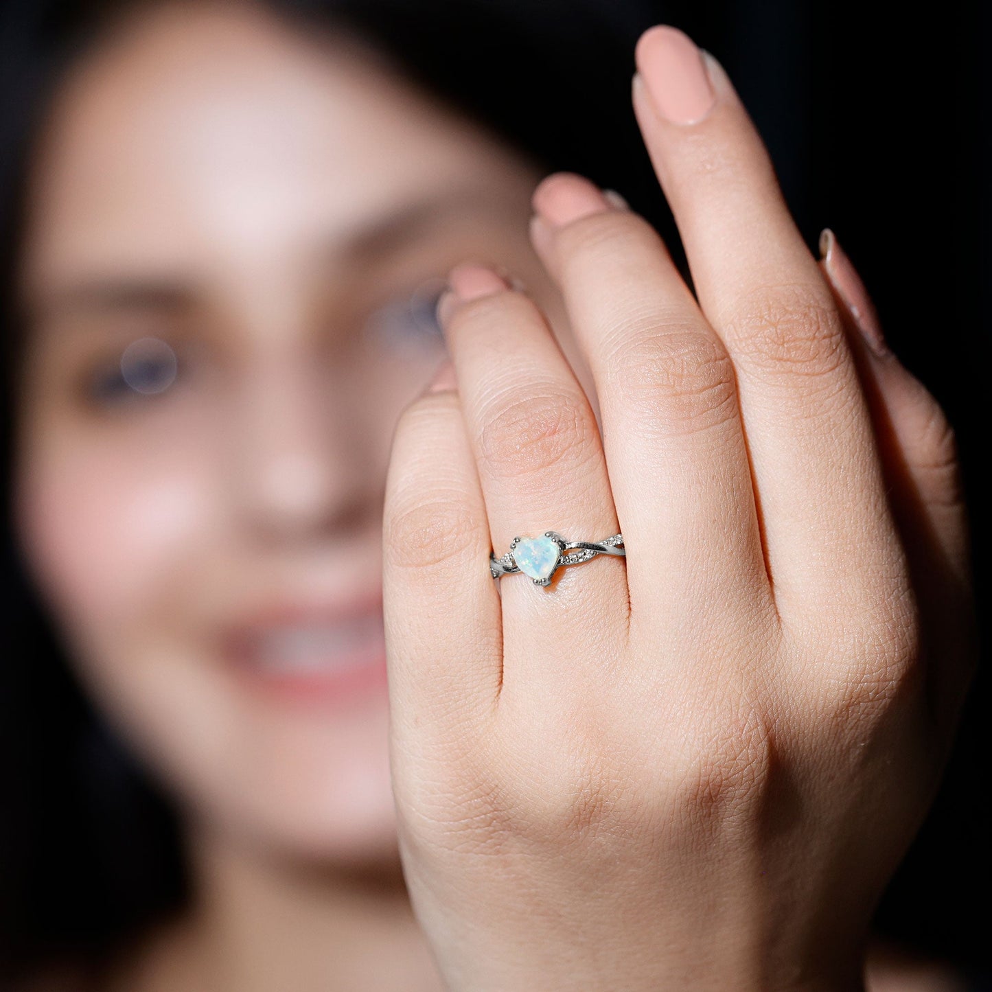 Natural Ethiopian Opal Diamond Heart Promise Engagement Ring