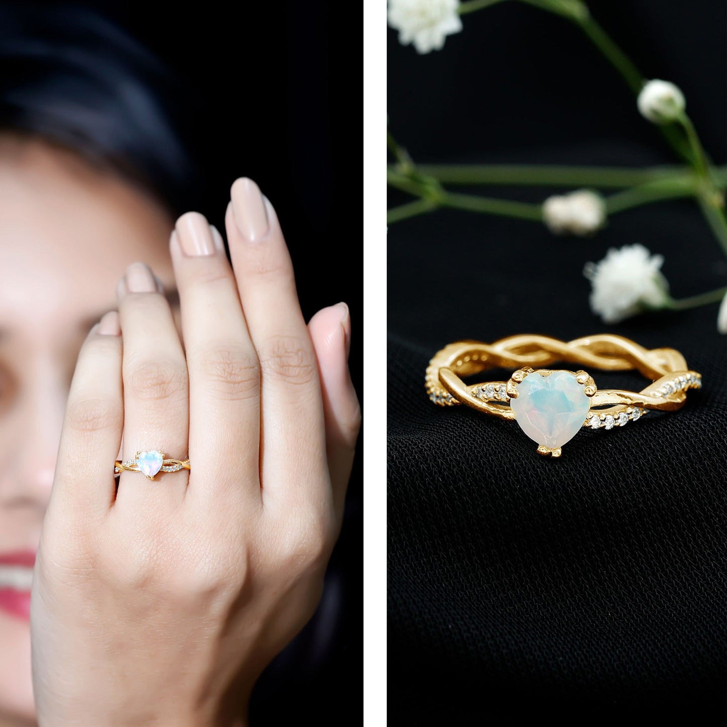 Natural Ethiopian Opal Diamond Heart Promise Engagement Ring