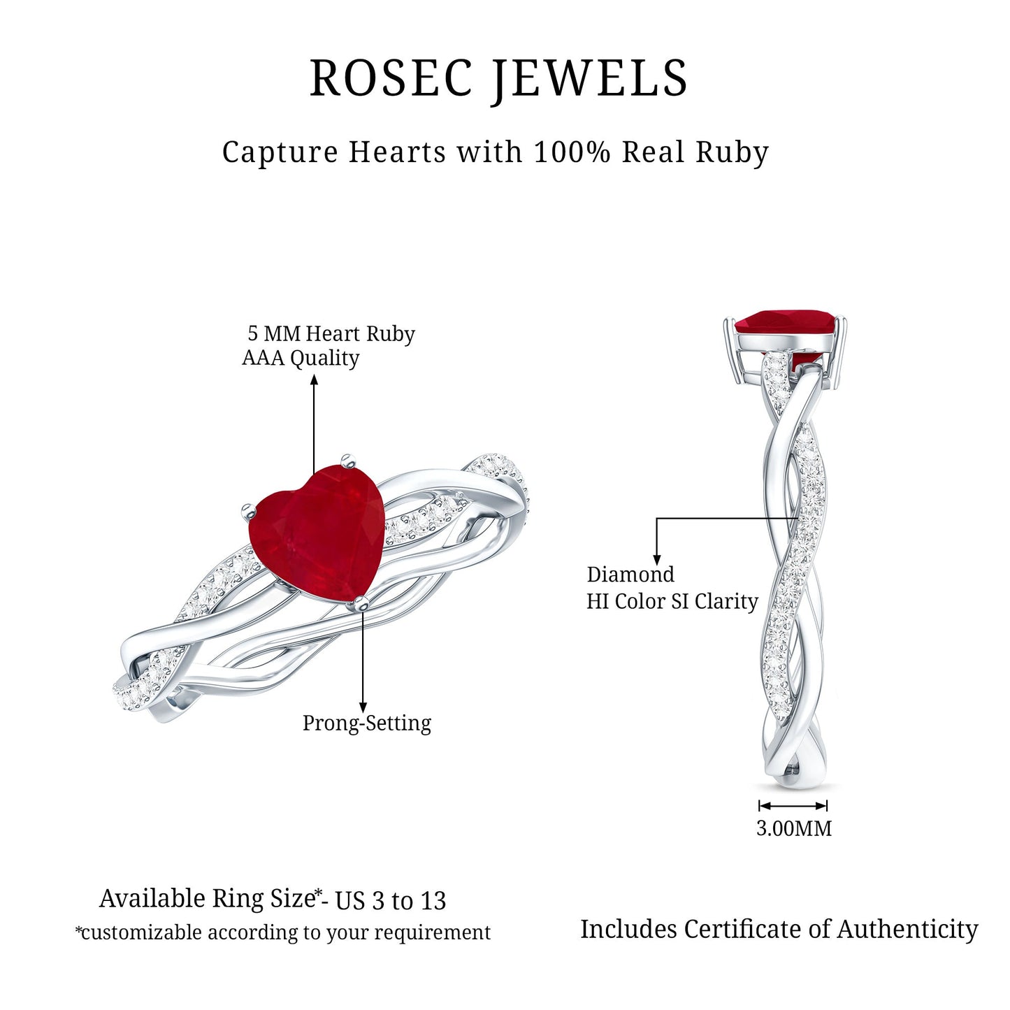 Natural 0.6 Carat Ruby Heart Engagement Ring with Diamond Braided Shank