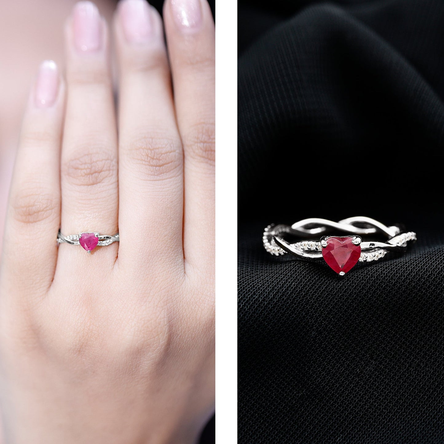 Natural 0.6 Carat Ruby Heart Engagement Ring with Diamond Braided Shank