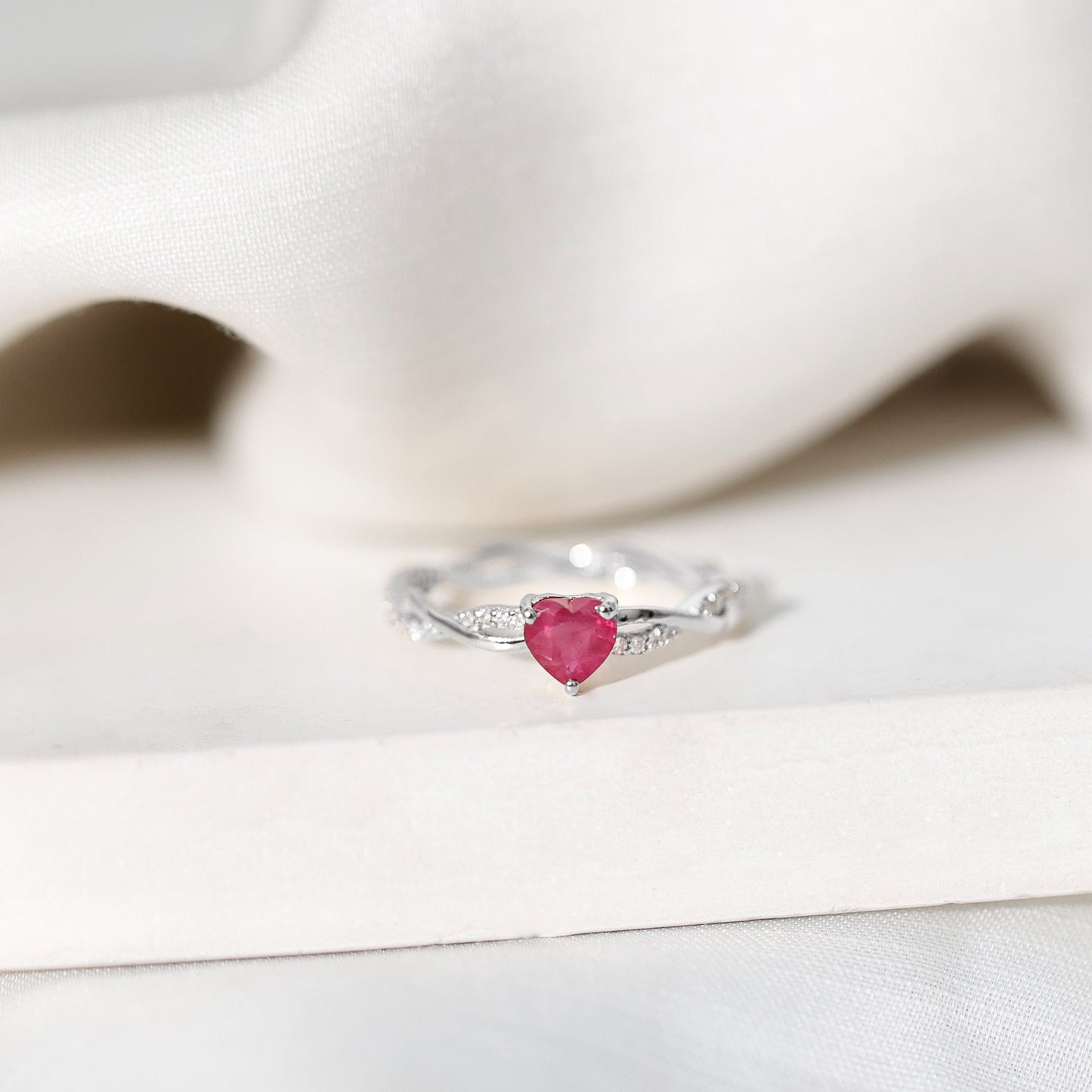 Natural 0.6 Carat Ruby Heart Engagement Ring with Diamond Braided Shank