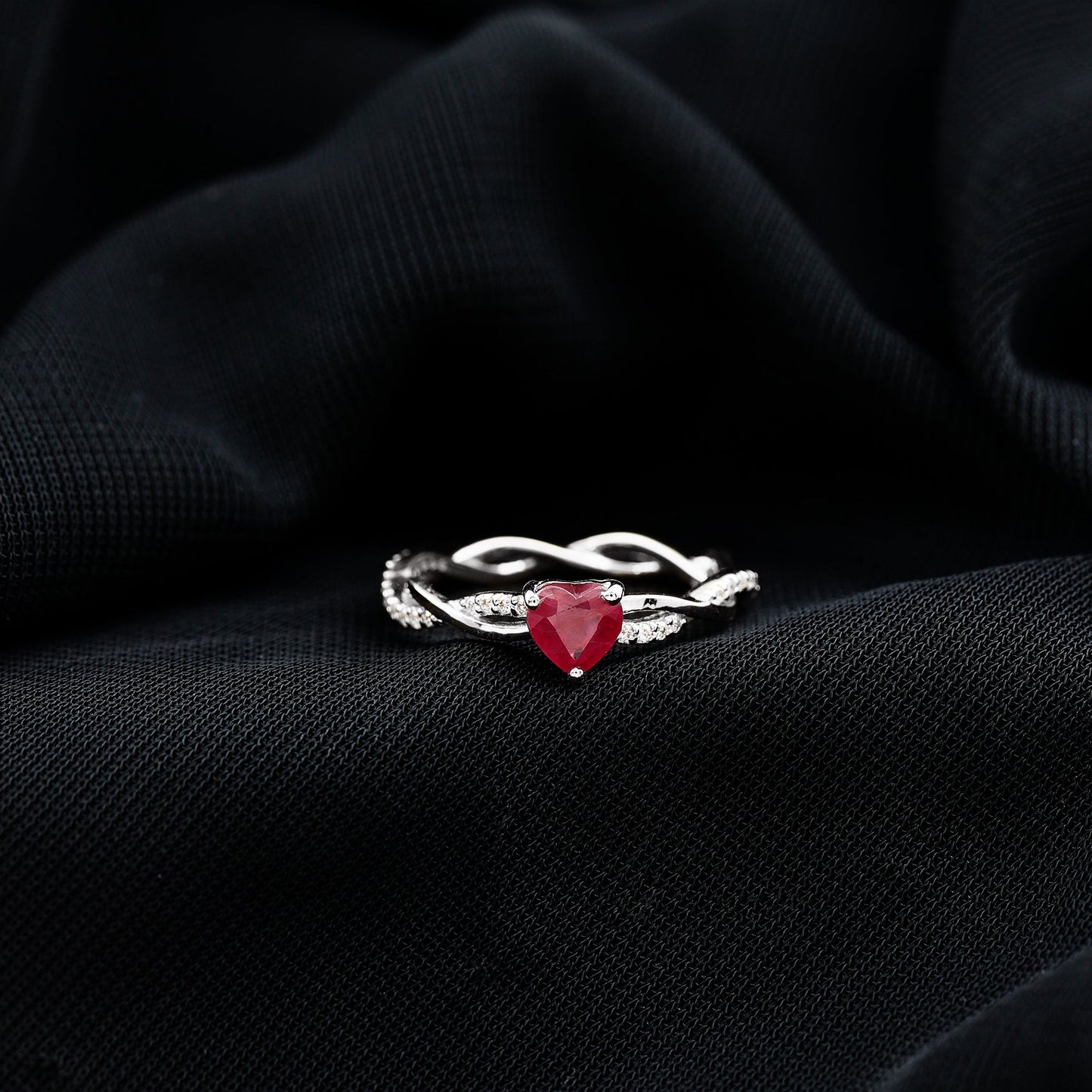 Natural 0.6 Carat Ruby Heart Engagement Ring with Diamond Braided Shank
