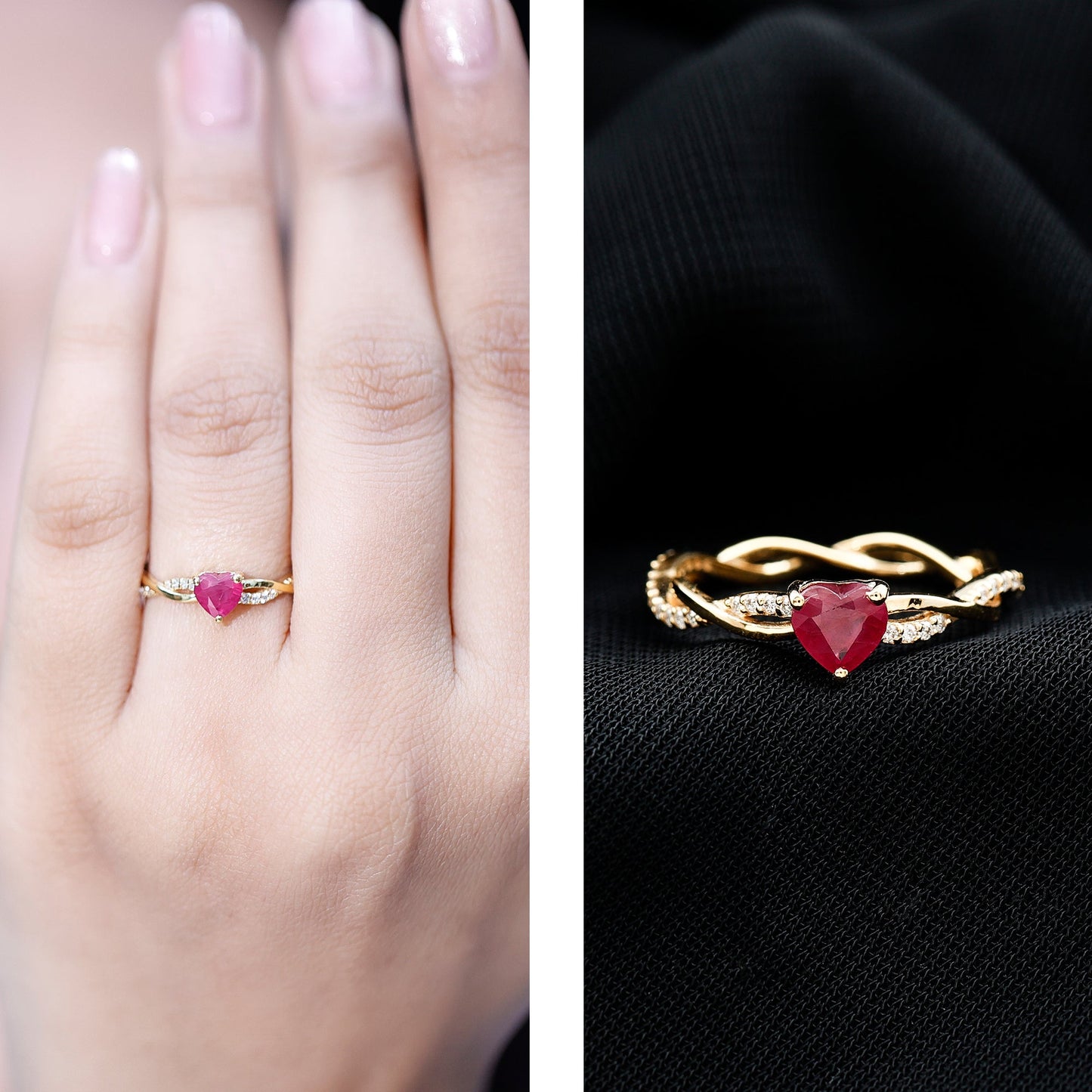Natural 0.6 Carat Ruby Heart Engagement Ring with Diamond Braided Shank
