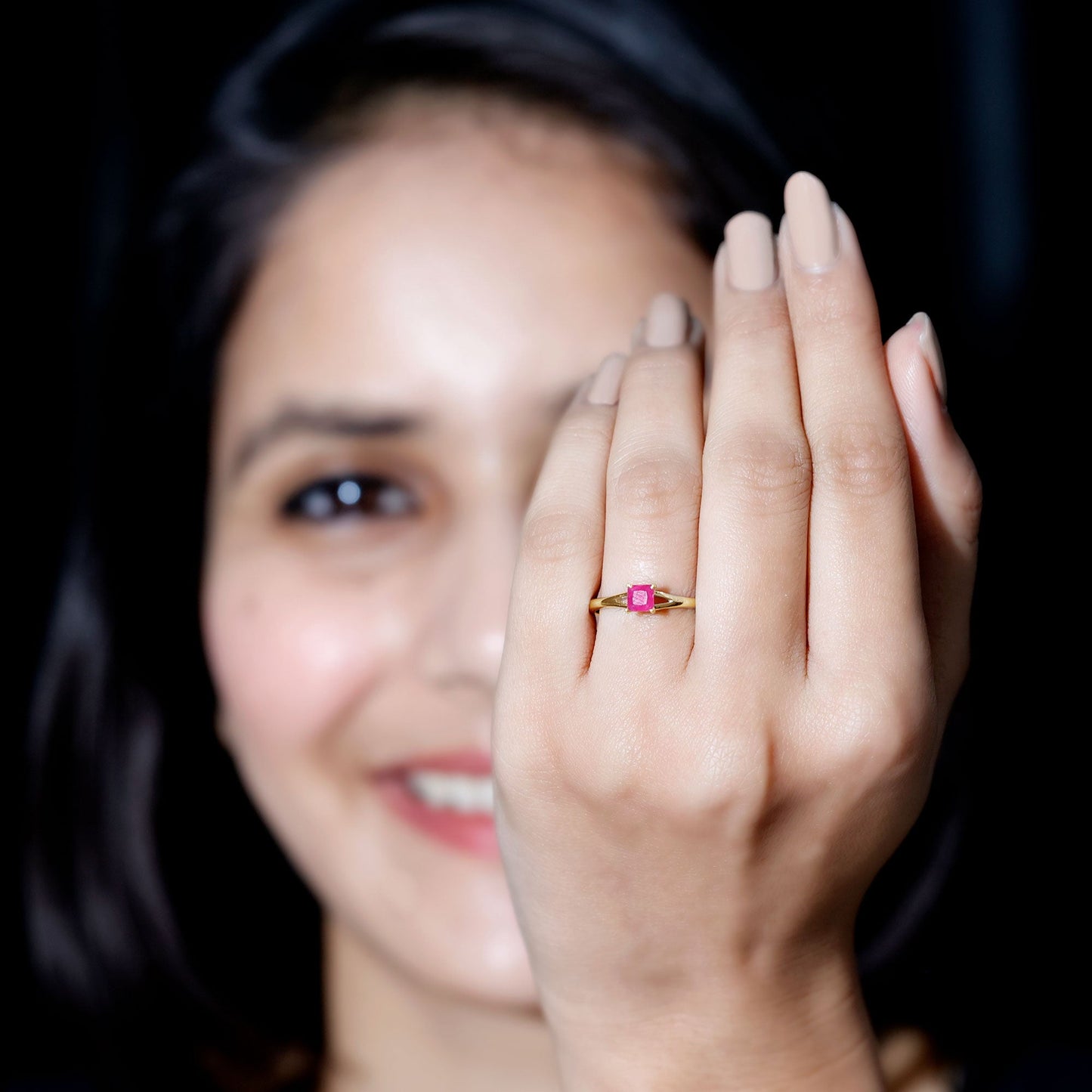 Natural Half Carat Princess Cut Ruby Promise Ring with Split Shank